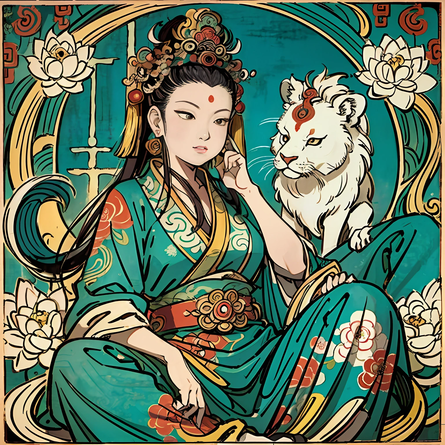 an ancient Chinese goddess, guanyin of the southern seas, Guanyin, Inspired by India, Avalokiteshvara rides a lion，,Serene expression,shui mo hua,Buddha,Buddhist,Lotus,Chinese painting style,Thangka style