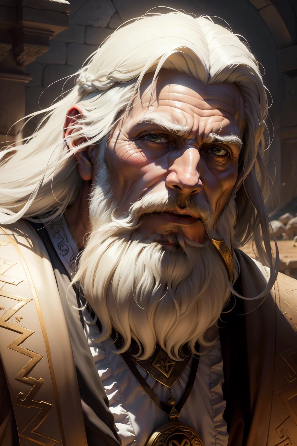 Melquisedeque, an Elder Whitebeard Lord, King of Salem, meets Abraham also an old gentleman with a white beard that gives him tithingRealistic Digital Illustration, Tipo de imagem: Ancient hero, estilo de arte: Realismo Antigo, Inspired by historical artists Michelangelo and Jean-Leon Gerome, Camera shot: heroic pose, camera lens: 70mm, vista : frente, prestar: octane rendering, The lighting: luz solar radiante, resolution: 8k, altamente detalhado, Tipo de cor: Tons terrosos, Cena na arquitetura hebraica antiga,  Representing Judaism((Art Station Art Ancient Hero, Realismo Antigo) mportant: Ele transmite muita paz com um rosto doce e bonito))), He wears an Off-White Old Hebrew Tunic, Ele tem cabelo comprido e barba, your head is uncovered,
