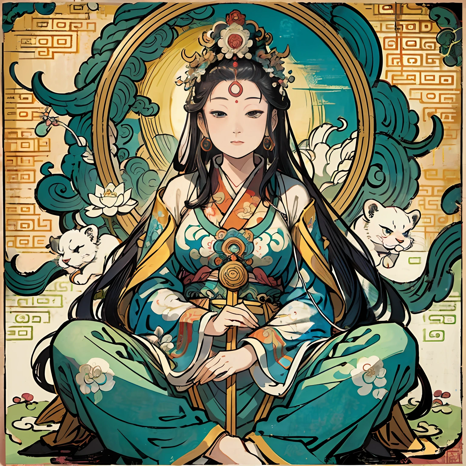 an ancient Chinese goddess, guanyin of the southern seas, Guanyin, Inspired by India, Avalokiteshvara rides a lion,,Serene expression,shui mo hua,Buddha,Buddhist,Lotus,Chinese painting style,Thangka style