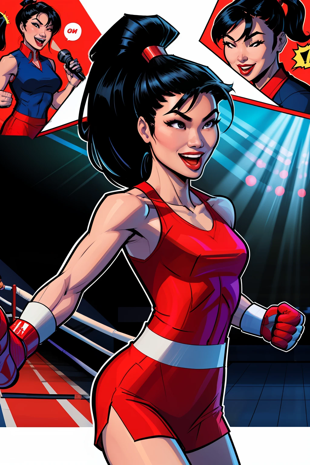anouncing with a microphone, asian woman, inside collage boxing stadium, boxing ring, ponytail hair, happy expression, wearing a red office suit, comic book style, flat shaded, prominent comic book outline linework