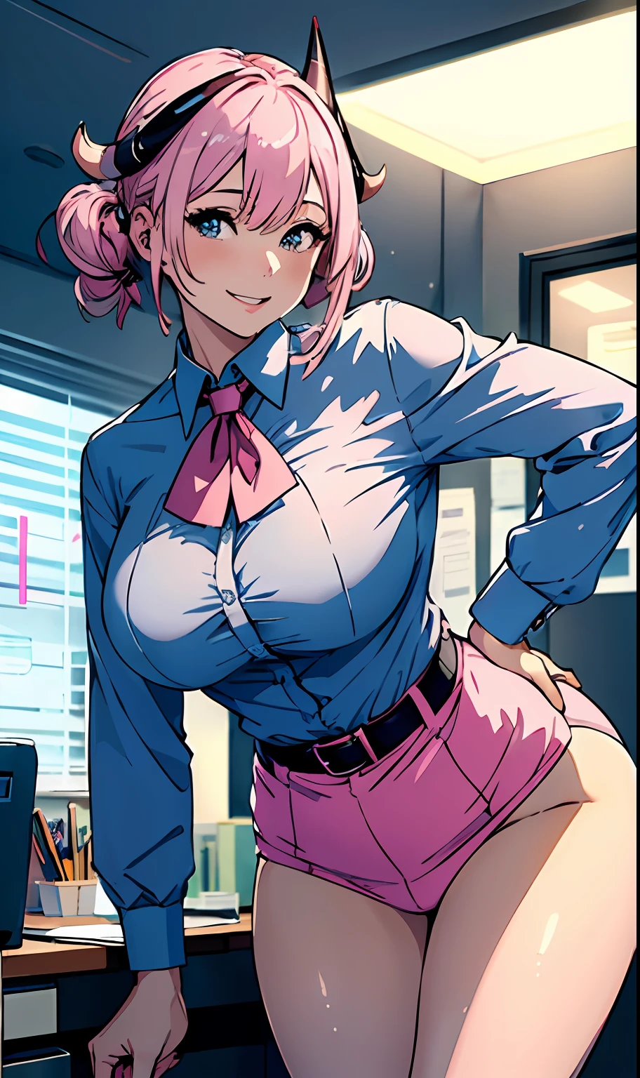 ((masterpiece, best quality)), (1girl),((mature female)), lightpink hair, halo, horn, ((office lady )),bangs,middle breast,(busty),slim,smile, [wide hips],office,standing, aru \(blue archive\),