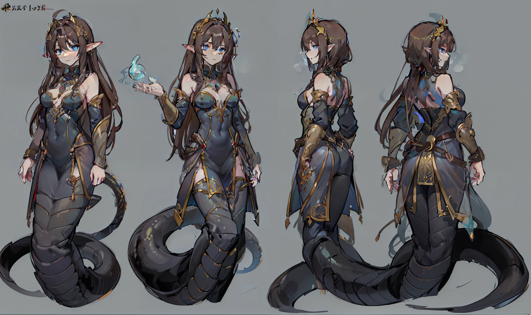 1woman, reference sheet, (fantasy character design, front angles, back angles) Alaric. Blush, snake tongue. Captivating and enigmatic figure, possessing alluring grace of a serpent combined with strength and wisdom of a warrior. Blue eyes like a snake. Scaly skin shimmering with otherworldly beauty, adorned with mesmerizing patterns subtly changing with light. Brown hair flowing and radiant, reflecting hues of vibrant snakes. Serpentine lower body allowing her to move with ethereal fluidity. (masterpiece:1.2), (best quality:1.3).