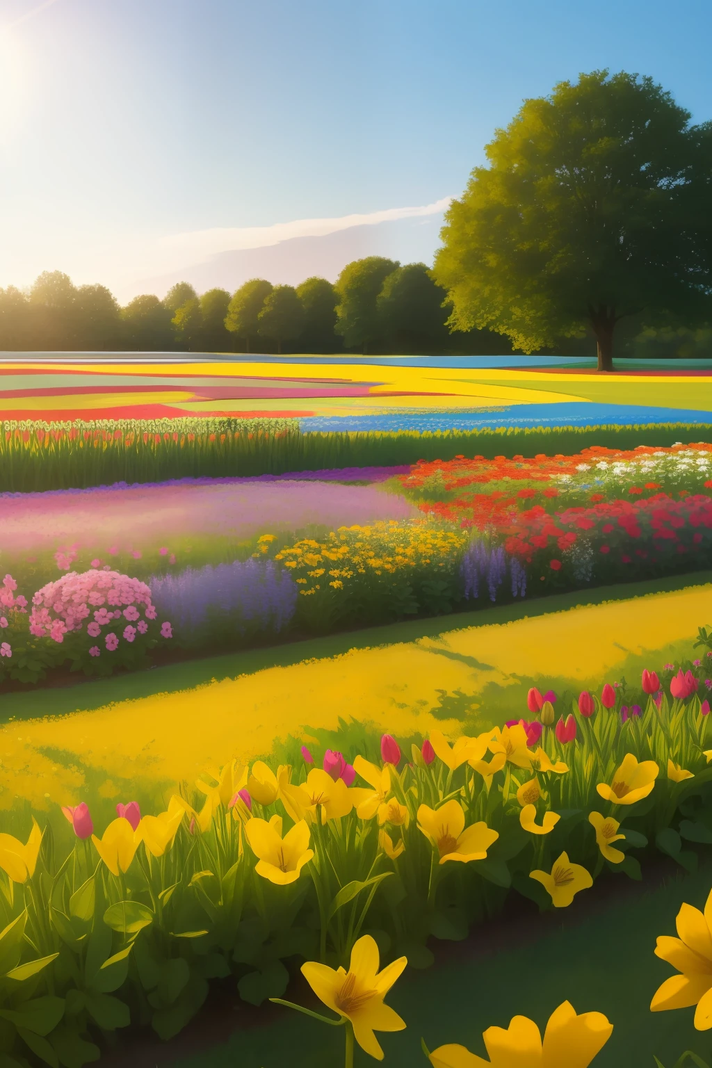 "a close up of a sunlit field of flowers, vibrant summer morning, soft morning light, enchanting cottagecore flower garden, flowers blooming in a flower bed, within a cottagecore flower garden"