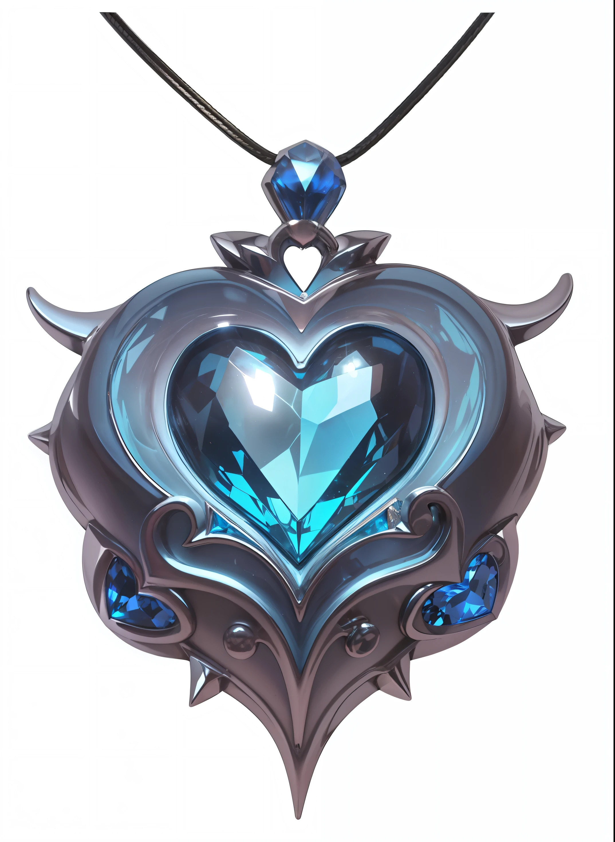 a closeup of a heart-shaped pendant with a blue crystal, Original Art Style Stone in the Heart, Stone in the heart, magic heart, arte renderizada, mechanical heart in center, magical amulet, prata e safira, glass-cast heart, fundo branco simples