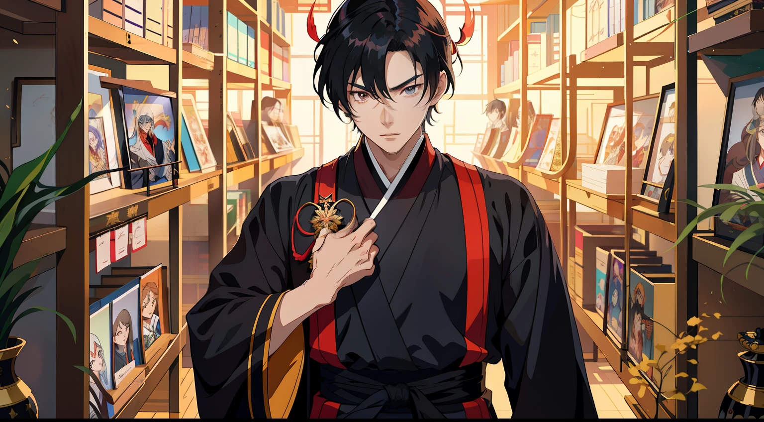 Anime characters in black robes standing in a room with shelves, a character portrait inspired by Bian Shoumin, pixiv contest winner, shin hanga, handsome guy in demon killer art, handsome japanese demon boy, Beautiful androgynous prince, heise jinyao, Anime handsome man, Keqing from Genshin Impact, young anime man, Anime portrait of a handsome man