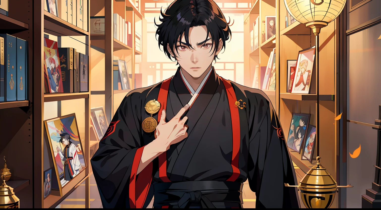 Anime characters in black robes standing in a room with shelves, a character portrait inspired by Bian Shoumin, pixiv contest winner, shin hanga, handsome guy in demon killer art, handsome japanese demon boy, Beautiful androgynous prince, heise jinyao, Anime handsome man, Keqing from Genshin Impact, young anime man, Anime portrait of a handsome man