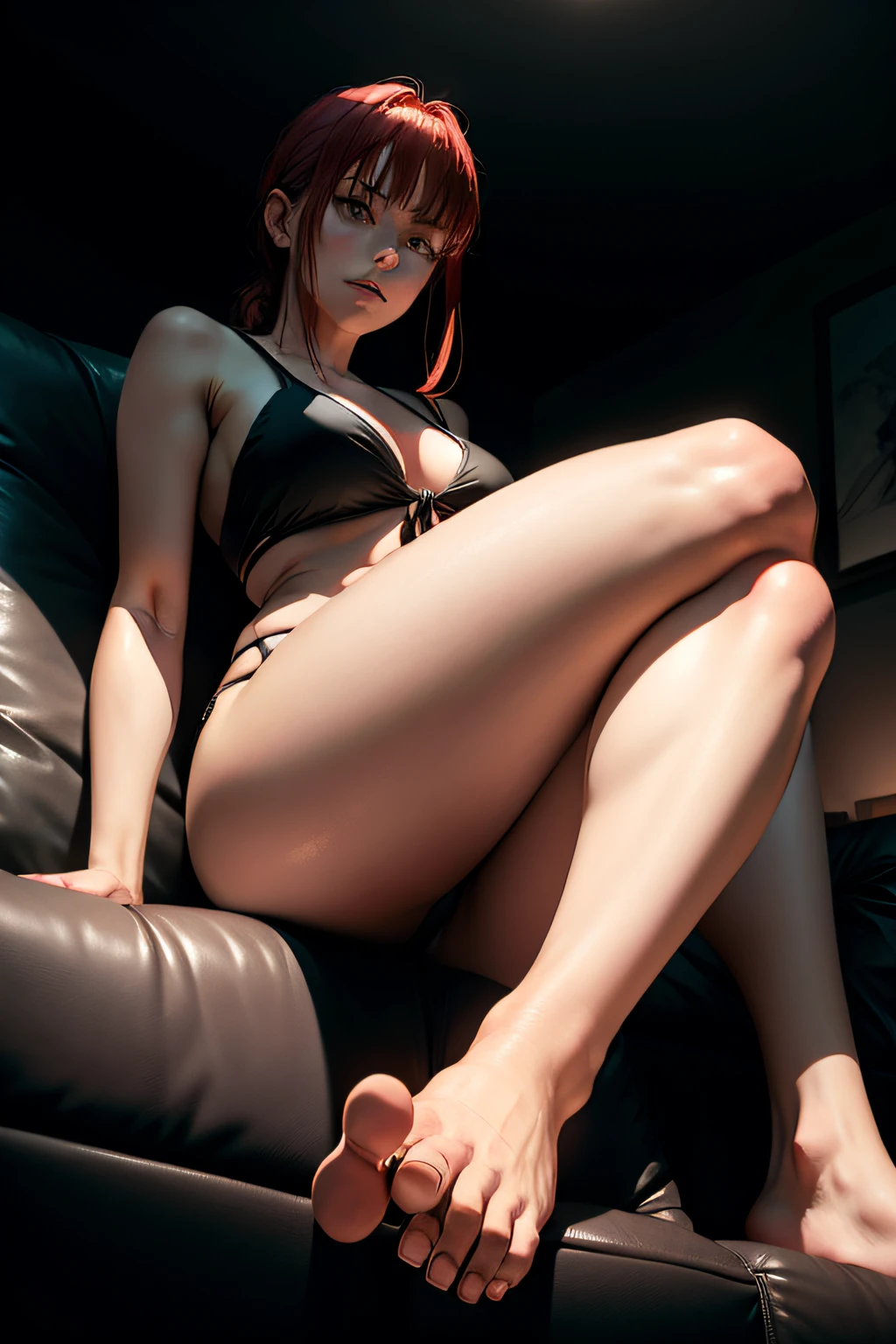 makima from chainsawman, bare feet, sitting at black couch, pov from down, dark theme,