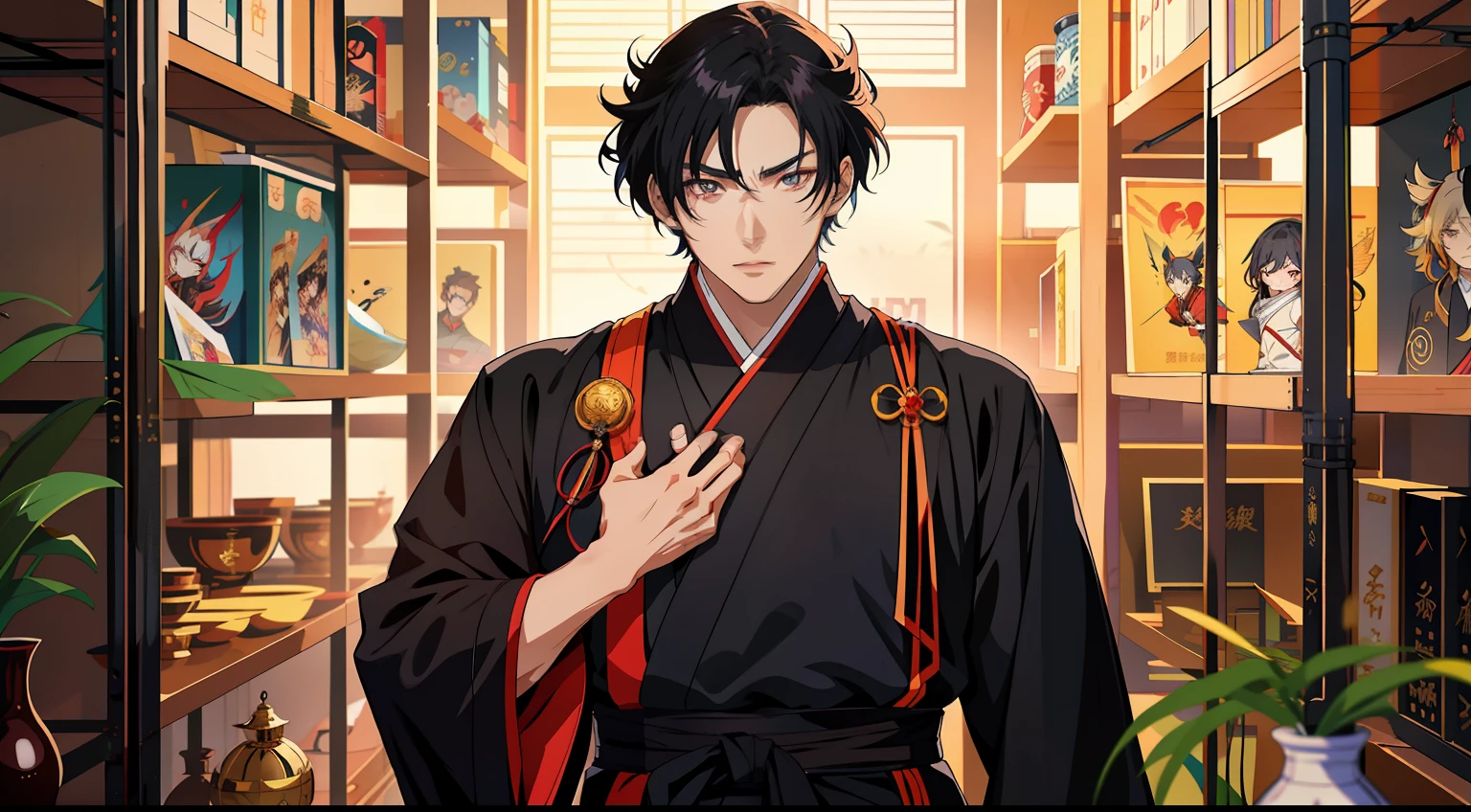 Anime characters in black robes standing in a room with shelves, a character portrait inspired by Bian Shoumin, pixiv contest winner, shin hanga, handsome guy in demon killer art, handsome japanese demon boy, Beautiful androgynous prince, heise jinyao, Anime handsome man, Keqing from Genshin Impact, young anime man, Anime portrait of a handsome man