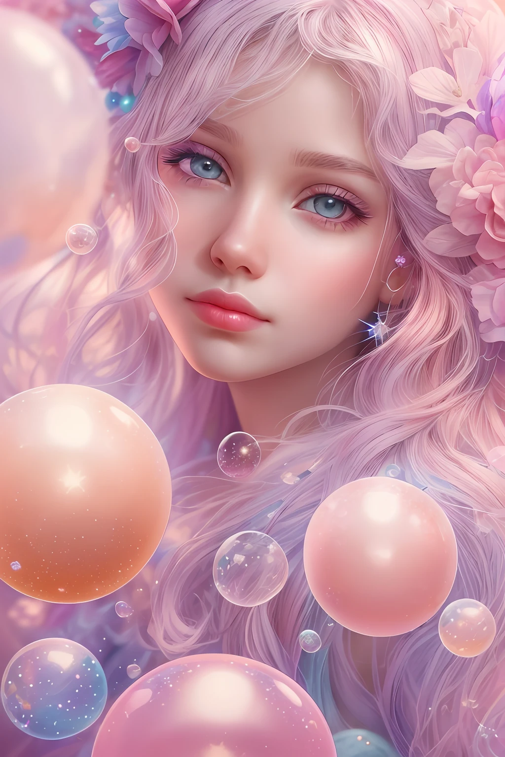 ((masterpiece)). This artwork is sweet, dreamy and ethereal, with soft pink watercolor hues and candy accents. Generate a delicate and demure English fae exploring a (bubblegum world with a wide variety of pastel shades). Her sweet face is extremely detailed and realistic with elegant features and a sweet and subtle expression. Include mature features, puffy lips, and stunning, highly realistic eyes. Her eyes are important and should be realistic, highly detailed, and beautiful. In high definition and detail, include lots of details like stars, galaxies, colorful bubbles, colorful petals, and lots of energy and emotion! The stars and colorful bubblegum bubbles are important! Include fantasy details, enhanced details, iridescence, colorful glittering wind, and pollen. Pay special attention to her face and make sure it is beautifully and realistically detailed. The image should be dreamy and ethereal.8k, intricate, elegant, highly detailed, majestic, digital photography