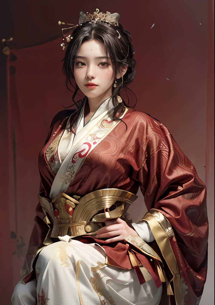 Art depicts a charming woman,Dressed in a flowing manner、Silky traditional oriental dress,red colour,Decorated with intricate patterns and bright colors。Her dress draped elegantly over her curvy figure,Highlights her seductive silhouette。She stood gracefully in the tranquil sunlight,Bask in soft sunlight。The scene exudes an ethereal and dreamy atmosphere,With a touch of mystery and sexiness。The image style incorporates watercolor and digital illustration techniques,It evokes a refined beauty and charm。The lights are filled with soft moonlight,casting soft highlights and shadows on her charming features。Bare thighs,Bigchest