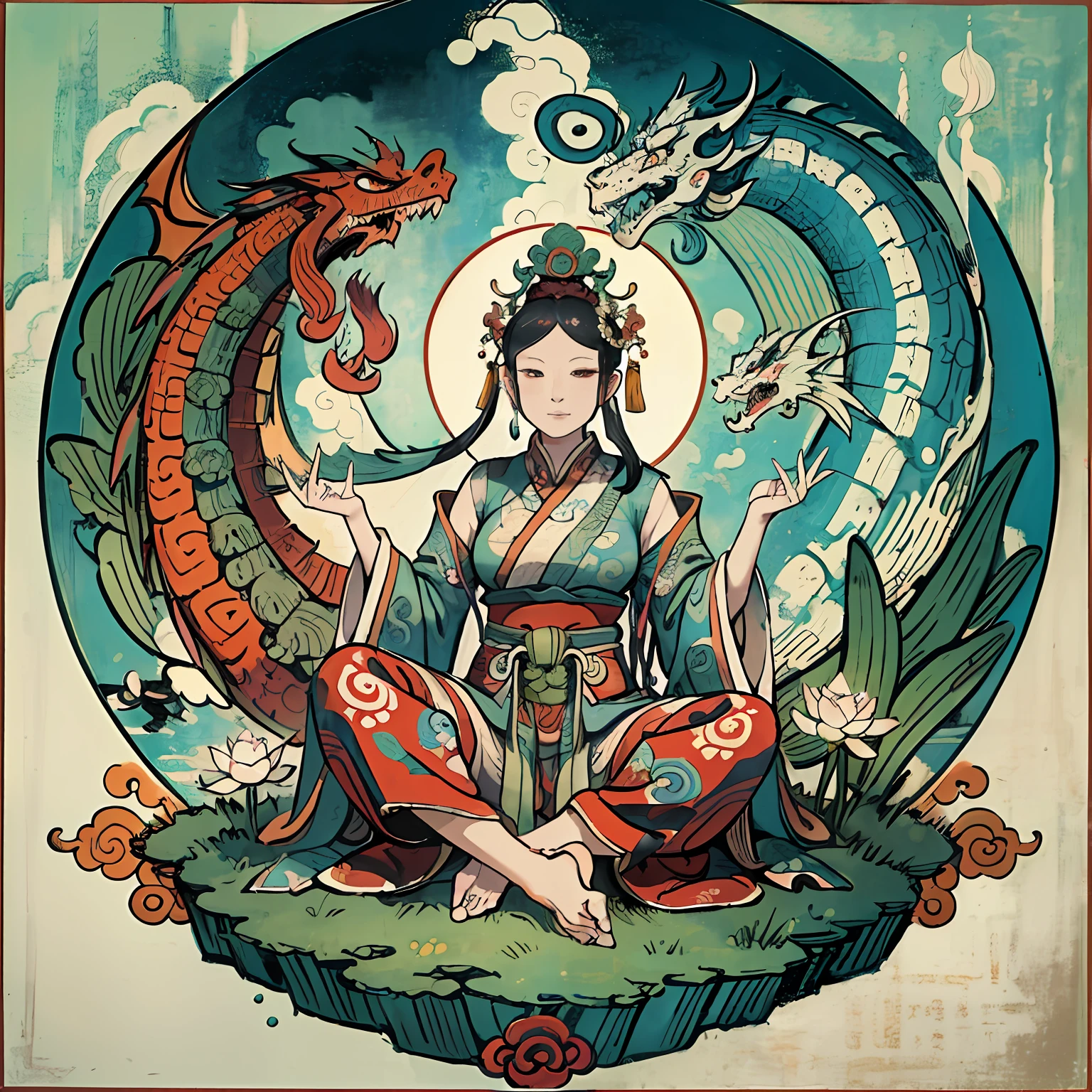 an ancient Chinese goddess, guanyin of the southern seas, Guanyin, Inspired by India, Avalokiteshvara rides a dragon,Serene expression,shui mo hua,Buddha,Buddhist,Lotus,Chinese painting style,Thangka style