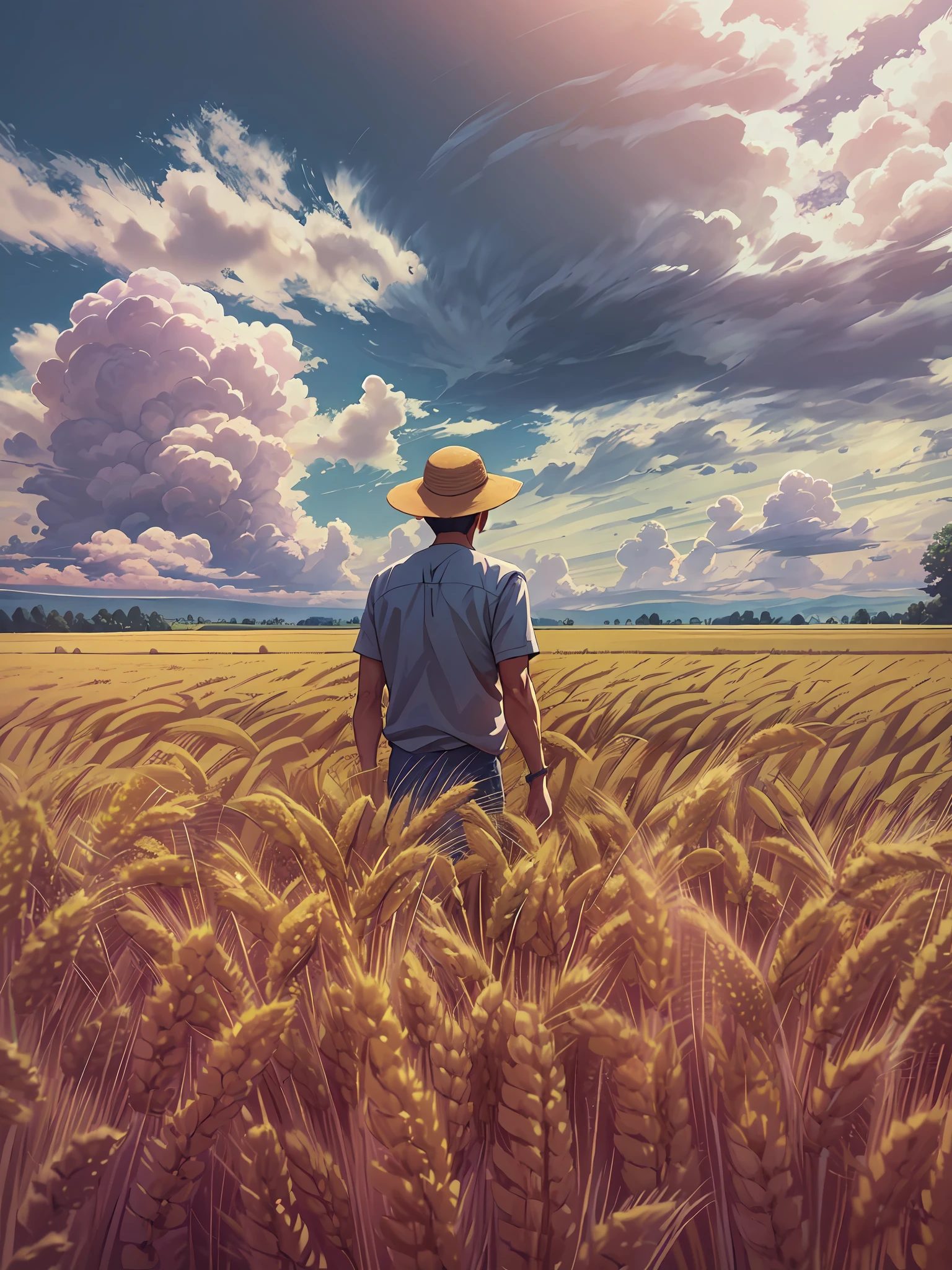 Wheat field, a farmer uncle with a straw hat standing in a wheat field, big clouds, blue sky, rice field, neat rice seedlings in the field, forest, hillside, secluded, rural, HD detail, hyper-detail, cinematic, surrealism, soft light, deep field focus bokeh, ray tracing and surrealism. --v6