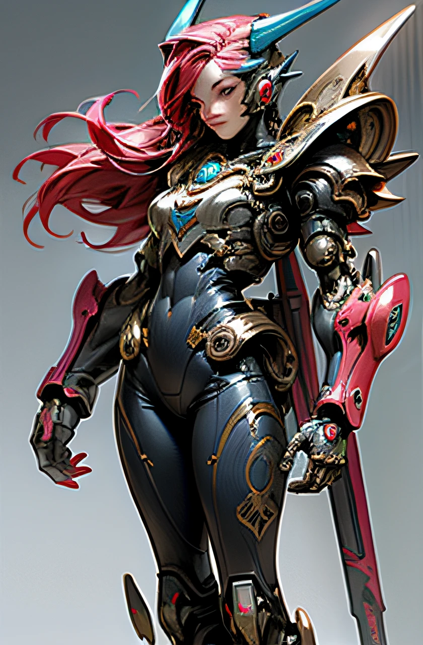 Escuro_fantasia, Cyberpunk, (motosserra, homem da serra da corrente, vermelho: 1.1), 1Arlequina, Harley Quinn's Mechanical Wonder, robotic presence, Cyber Guardian, Harley Quinn with steel armor, rosto a mostra, 4k, maquiagem forte, cabelo loiro colorido com mechas azul e rosa, corpo robo com cores rosa azul e branco, Robotic armor, tecnologia, corpo inteiro, botas vermelhas, ao fundo cidade ciberpunk