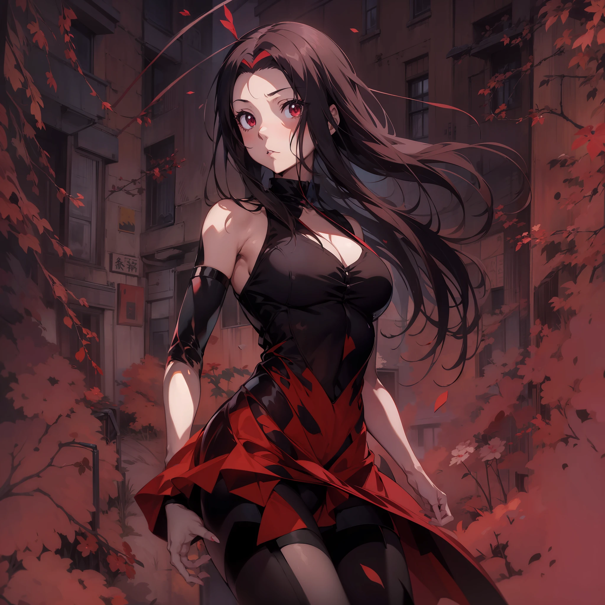 anime girl in a red dress with long hair and a black top, in the anime series ergo proxy, !!full body portrait!!, in a mixed style of æon flux, by Shingei, makise kurisu, no face, in the anime film ergo proxy, style mix of æon flux, glamorous tifa lockheart, tifa lockhart portrait