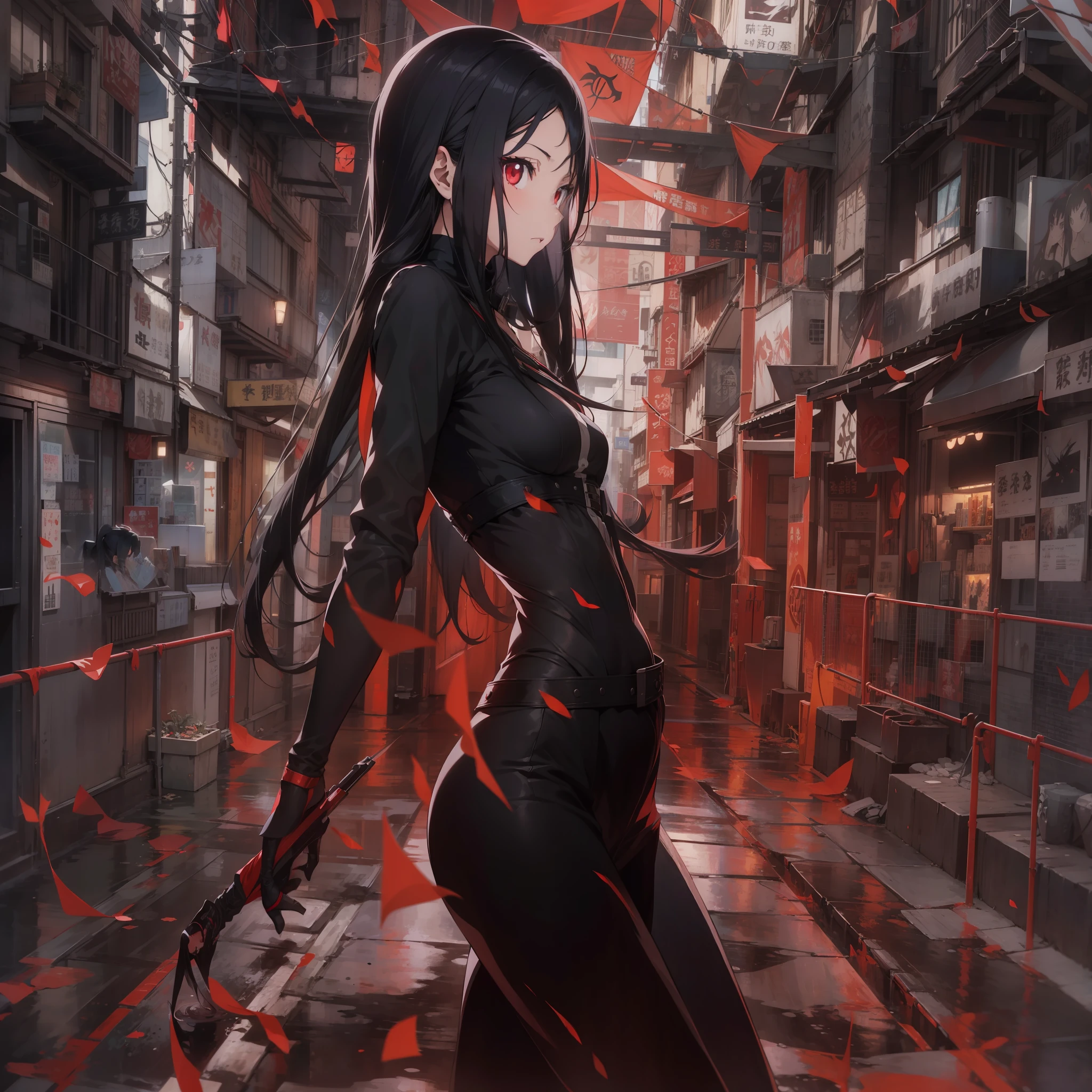 anime girl in a red dress with long hair and a black top, in the anime series ergo proxy, !!full body portrait!!, in a mixed style of æon flux, by Shingei, makise kurisu, no face, in the anime film ergo proxy, style mix of æon flux, glamorous tifa lockheart, tifa lockhart portrait