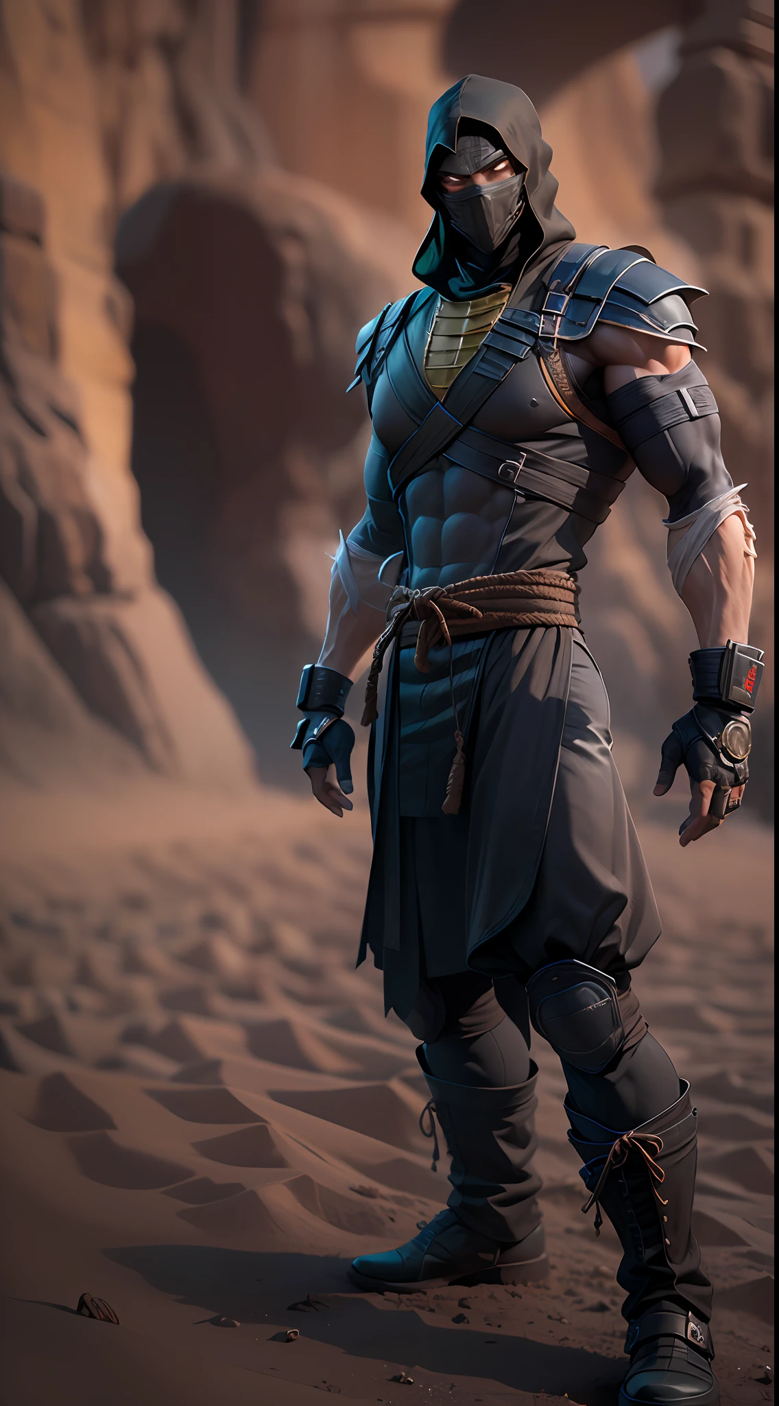 (( ultra-resolution image )), (( HDR PLUS )) , (( ultra-realistic modeling )), high-resolution , ((8k )), Tall male, 37 years old , athletic body , build ( Noob Saibot Mortal Kombat ) , cyberpunk clothing, full beard, desert,