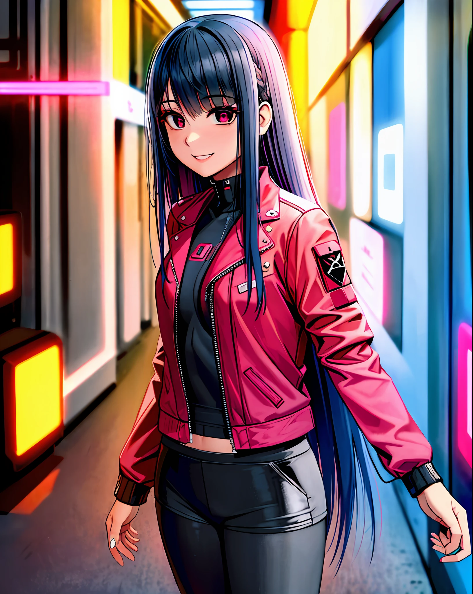 an illustration in the art-style of   art by JellyTits,  1girl, blue_hair, long_hair, red_eyes, intricate eyes, detailed eyes, eye_focus,  black_jacket, cyberpunk, smile, standing,  black_leggings, pink_shorts