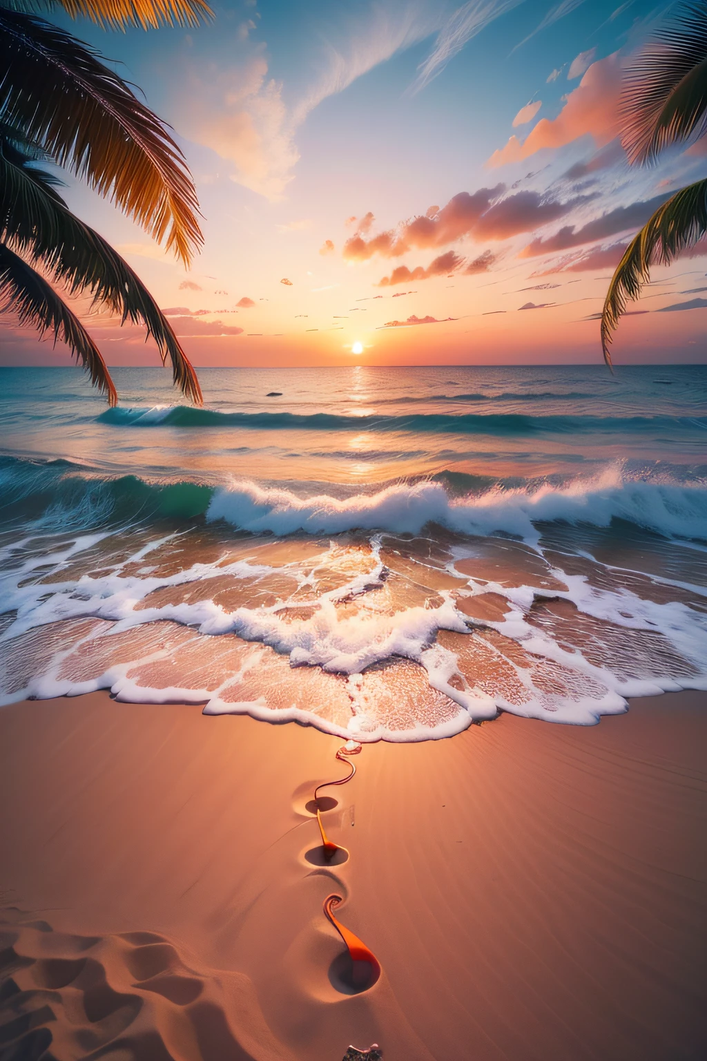 "Image: A paradisiacal beach with crystal clear waters and white sand, cercada por palmeiras. Ao fundo, a vibrant sunset with shades of orange, rosa e roxo. No centro da imagem, a pair of headphones with a cable extending to the horizon, symbolizing the sound journey to paradise. Feel the peace and quiet of this relaxing music as you escape stress and connect with the serenity of nature.”