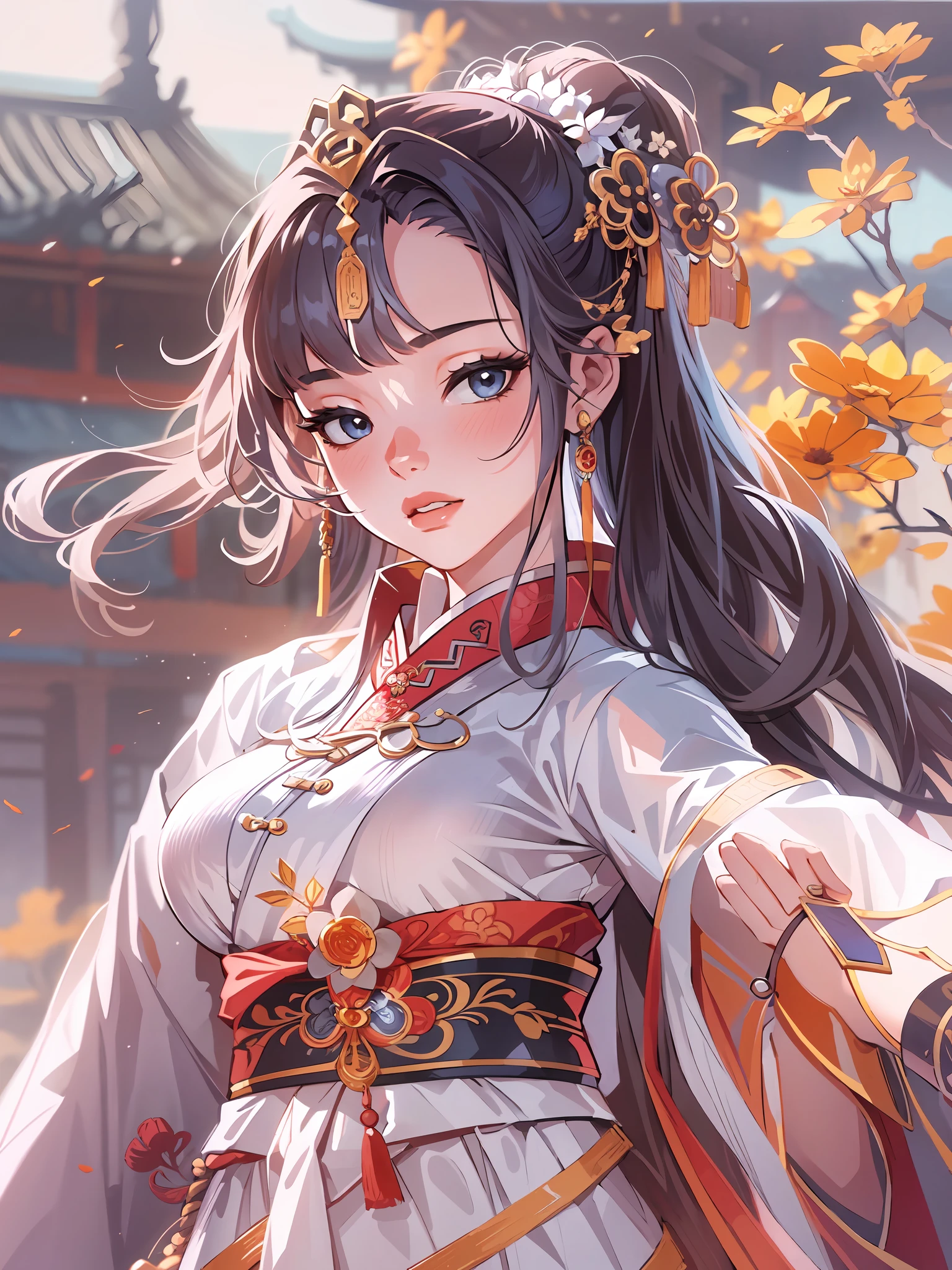 A girl, ancient Chinese costume, whole body, sunshine, clear face, clean white background, masterpiece, super detail, epic composition, ultra HD, high quality, extremely detailed, official art, uniform 8k wallpaper, super detail, 32k