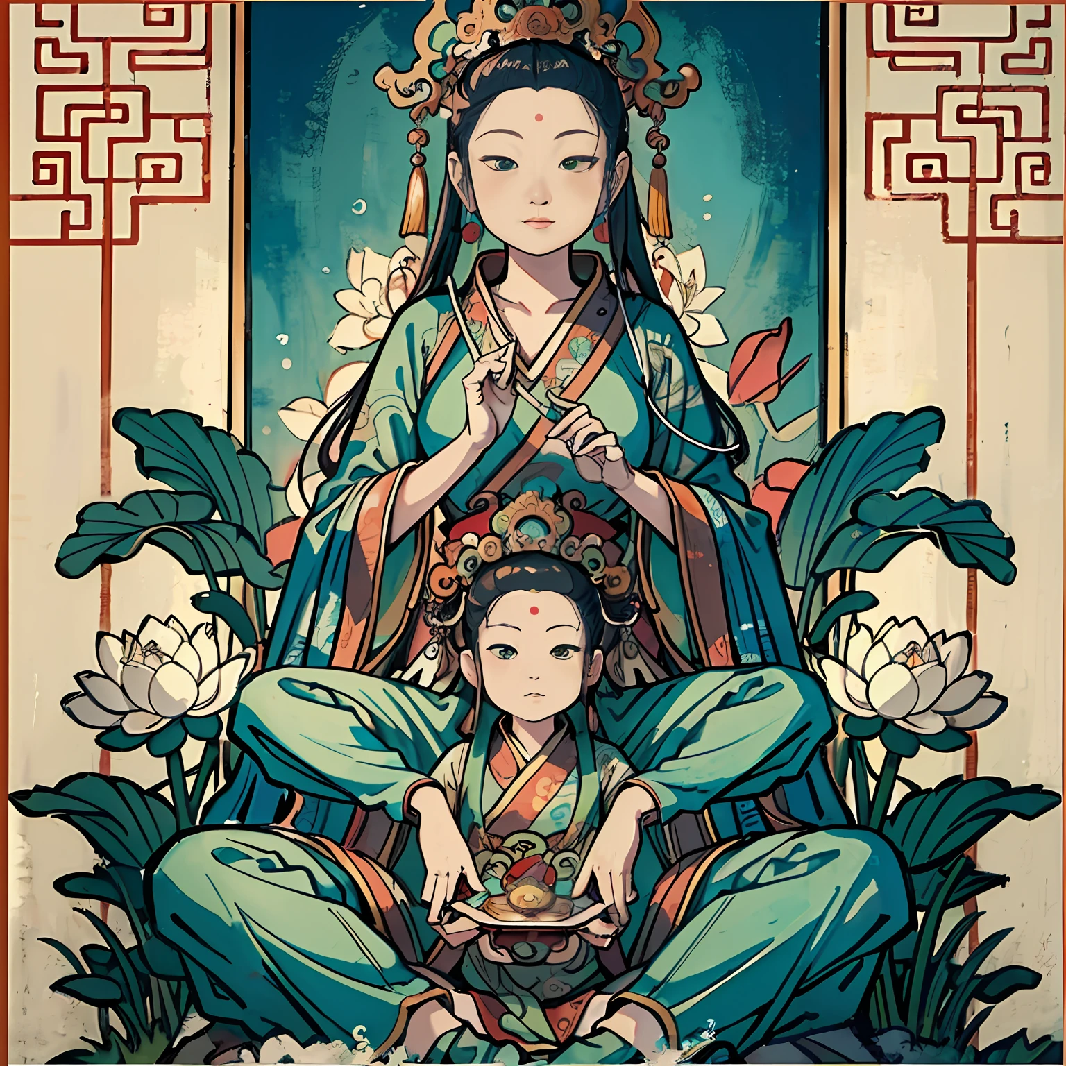 Woman sitting on a lotus,guanyin of the southern seas,Guanyin,contented female bodhisattva,jade sculpture,bodhisattva,queen of the sea mu yanling,serene,Serene expression,shui mo hua,Buddha,Buddhist,Lotus,Chinese painting style,Thangka style