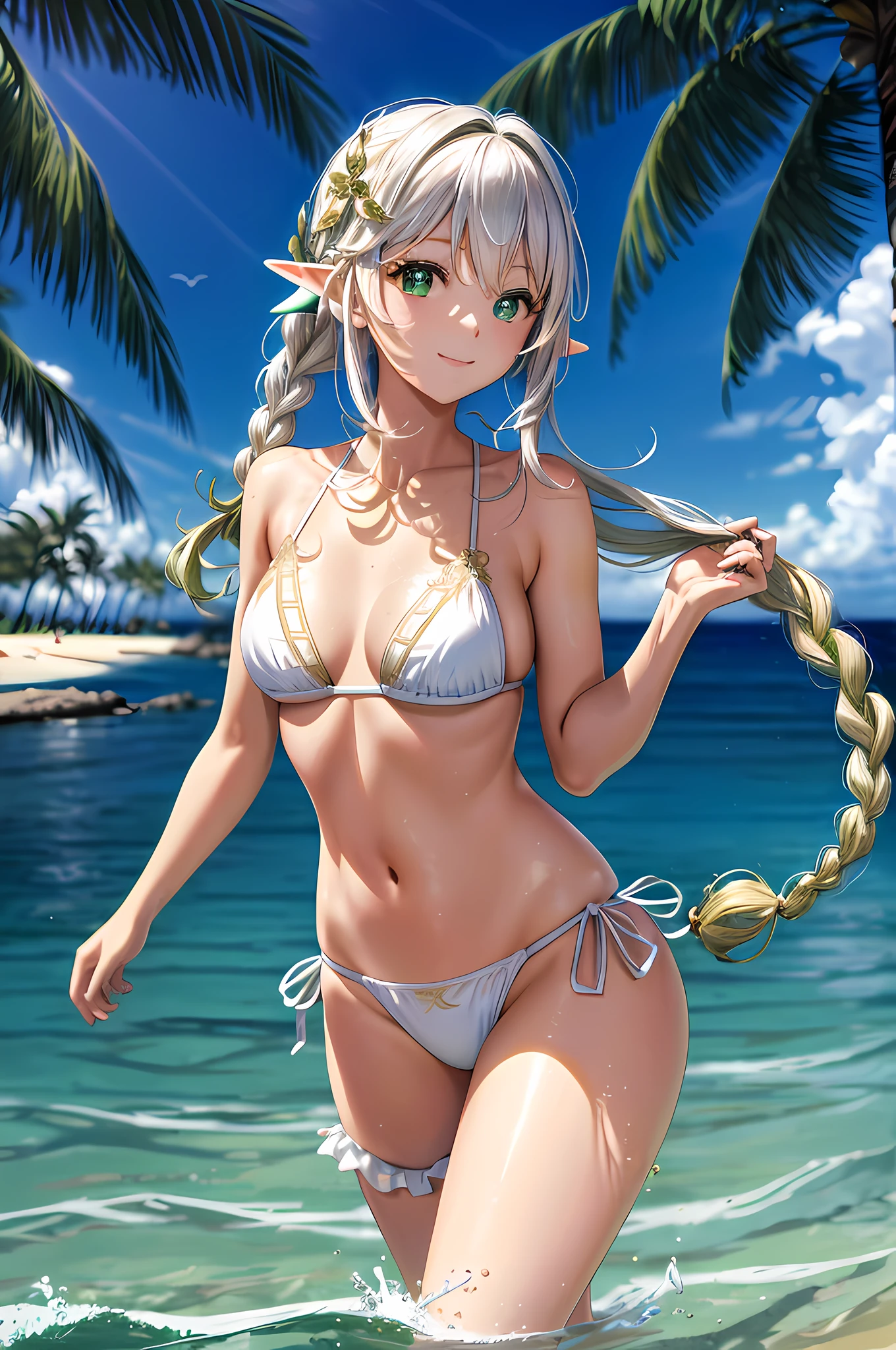 ((Masterpiece, Top Quality, accuracy, Extreme detailing)))), (Elf)))), destruction, ((White microbikini with gold embroidery))))), (Light long braid), (Large glowing dark green eyes), ((big)), (Shore), (Gentle waves), Smile, ((Wide sandy beach)))), (Walks in shallow water))), breeze, Dynamic Angle, bathing suit, underpants, sexy, Average Breasts, small breasts,