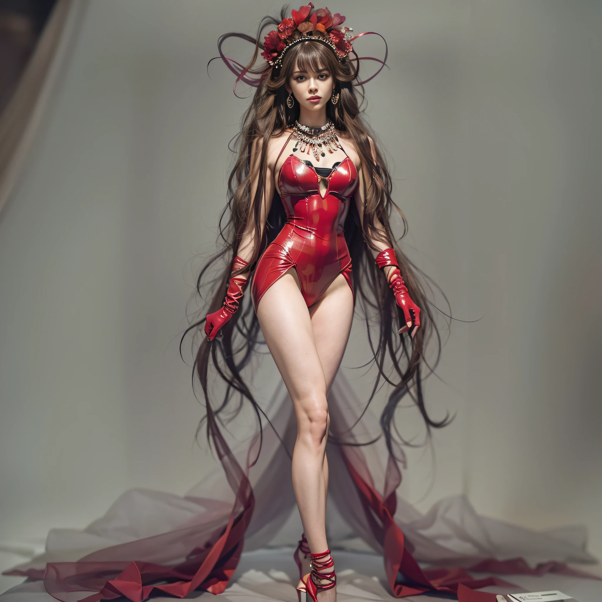 ((​masterpiece:1.4)、(top-quality:1.4)、(reallistic:1.7))、Sexy Model Fashion Show、1girl in、a beauty girl、Bondage style:1.4、latex shiny:1.4、Latex bodysuit、By Luis Royo、age19、Ultra Bikini、Looking Back Beauty、Outstanding style、Ergonomically normal body shape、(Close-up photos:1.4)、(Upper body photography:1.4)、foco nítido:1.5、Slender Abs、beauty legs、Beautiful ass、A detailed eye、Raw photo、red-lips、Red high heels、a choker、a necklace、耳Nipple Ring、The background is the Met Gala at the Metropolitan Museum of Art in New York、