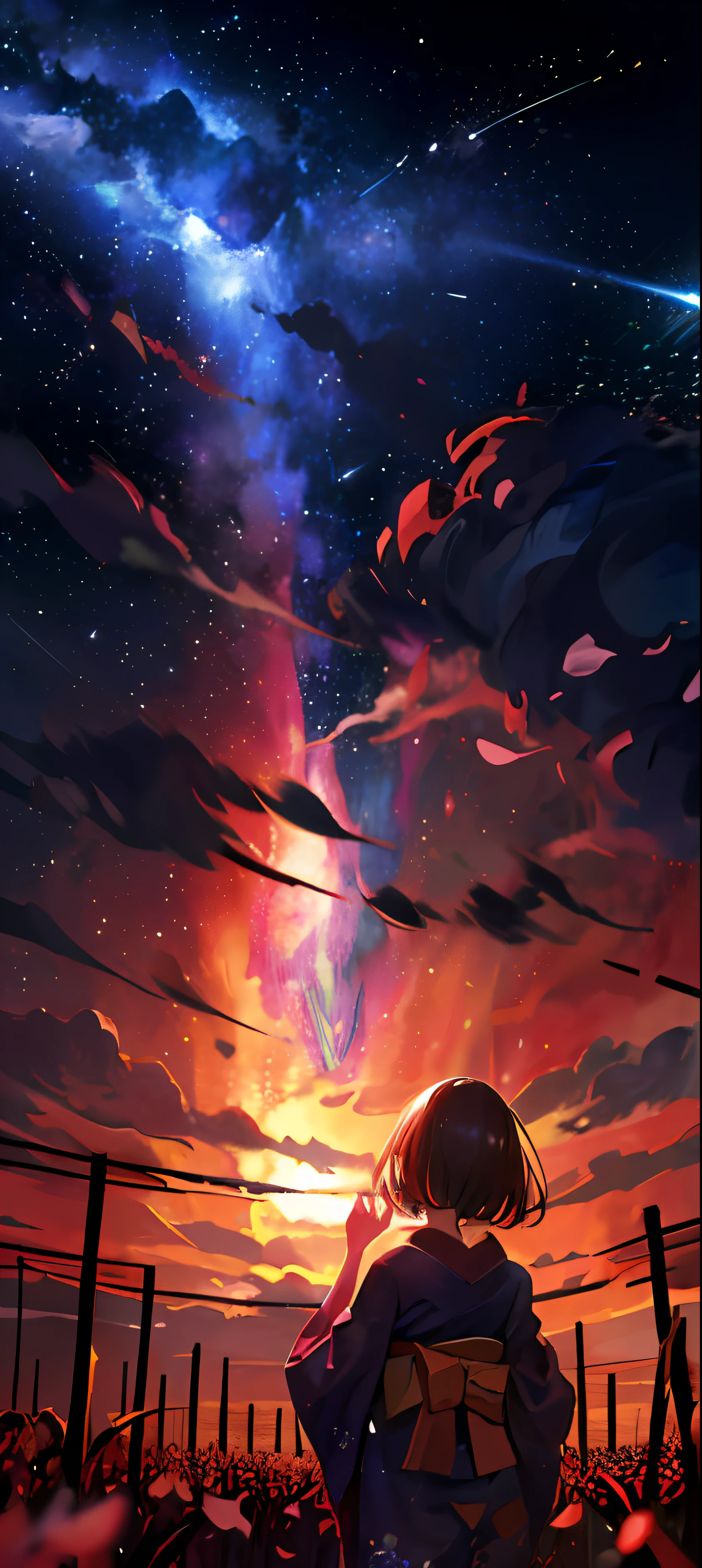 1girl, distant girl wearing a kimono staring at the stars, (zoomed out:1.1), (meteor shower:1.2), (comet:1.1), your name, low angle, from behind, aroura borealis, shooting star, yukata, red kimono, cherry blossoms, standing in a field,best quality, masterpiece, cloud,colorful, starry,stars,
