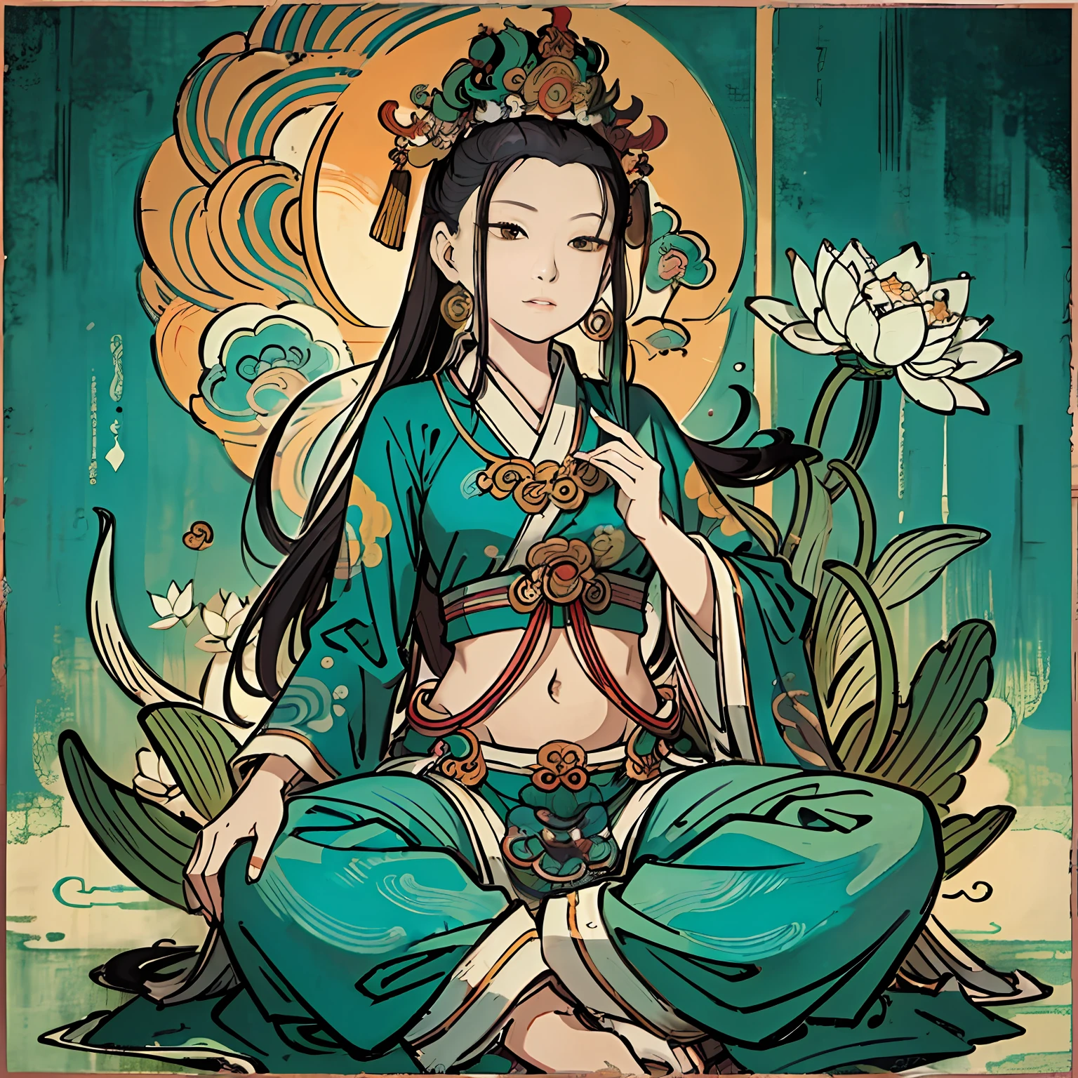 Woman sitting on a lotus,guanyin of the southern seas,Guanyin,contented female bodhisattva,jade sculpture,bodhisattva,queen of the sea mu yanling,serene,Serene expression,shui mo hua,Buddha,Buddhist,Lotus,Chinese painting style,Thangka style
