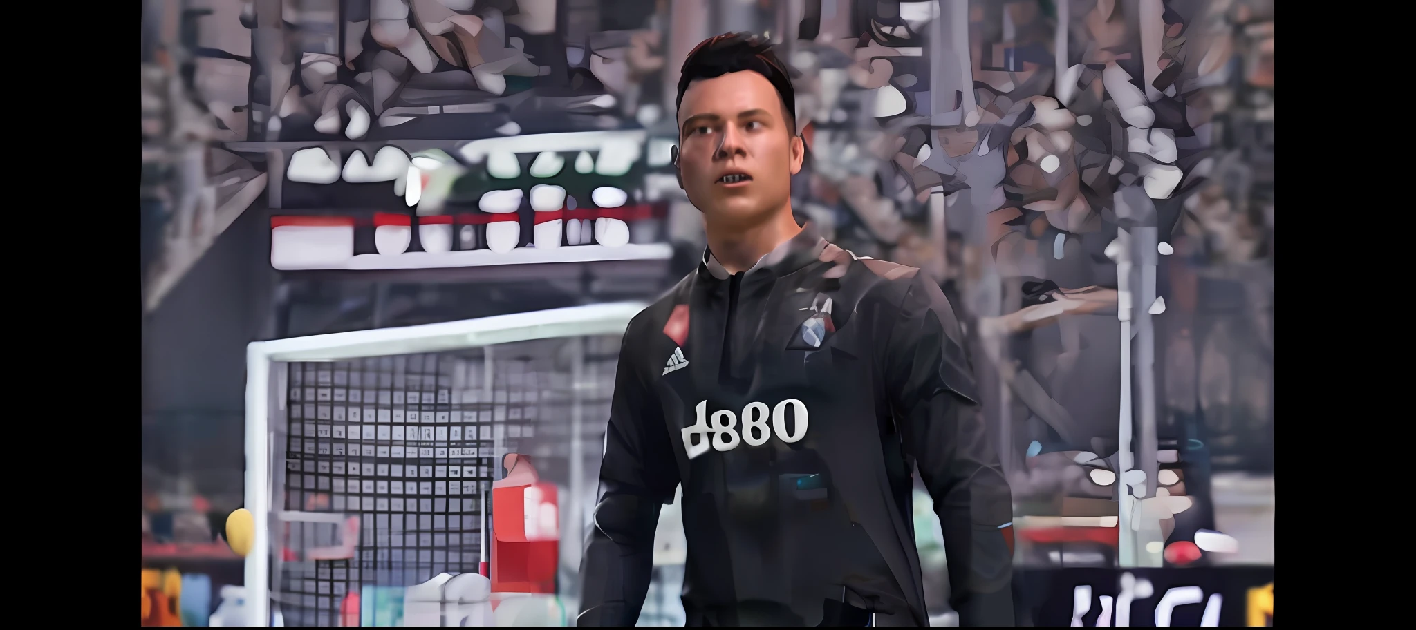 Bayern Munich footballer in black sportswear and white sweatpants, game footage, CCTV Sports, Camera shot, playable trailer, Realistic picture, , gameplay video, in game style 8k, Ultra-realistic graphics, inspired by Master of the Bambino Vispo, 2020 video game screenshot,