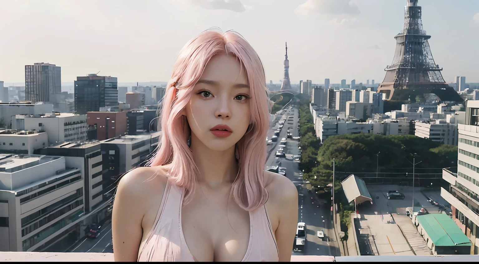 1 girl ,standing,looking at viewer,((())),(8k, original photo, best quality, Masterpiece: 1.3), (realistic, realistic: 1.37), (daytime), Posing, (Tokyo Tower:1.4), ((Daytime City View)), (Real city),((Clear background)), soft light, 1 girl, extremely beautiful face, ((Perfect lively breasts)), (Big boobs:1.5),(Bare cleavage:1.2), put down hands, random hairstyle, (Long light pink hair:1.5), random expression, big eyes, small belly, mix4, an extremely delicate and beautiful girl, beautiful face,beautiful eyes, beautiful girl, 8k wallpaper, (best quality: 1.12), (Detailed: 1.12), (Complex: 1.12), (Ultra Detailed: 1.12), (Advanced: 1.12), Ultra Detailed, Ultra Detailed, High Resolution Illustration, Color, 8k wallpaper, highres, Movie Light, Ray Tracing, (8k, Original photo, best Quality, Masterpiece, Ultra High, Ultra Detailed: 1.2), ((realistic, photo-realistic)),