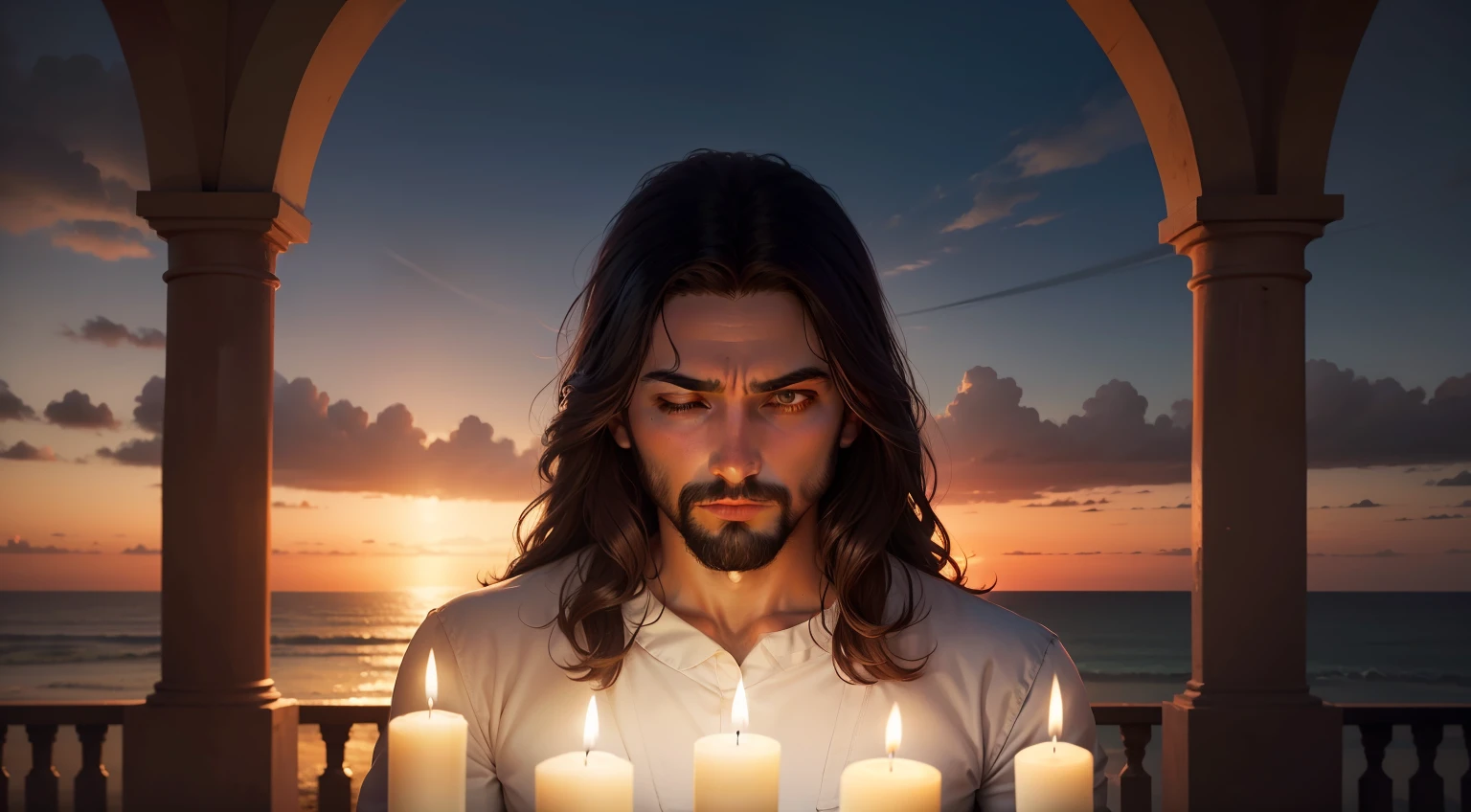 imagem de jesus rezando, fundo com velas acesas, alta resolução, detalhes minuciosos, atmosfera serena.