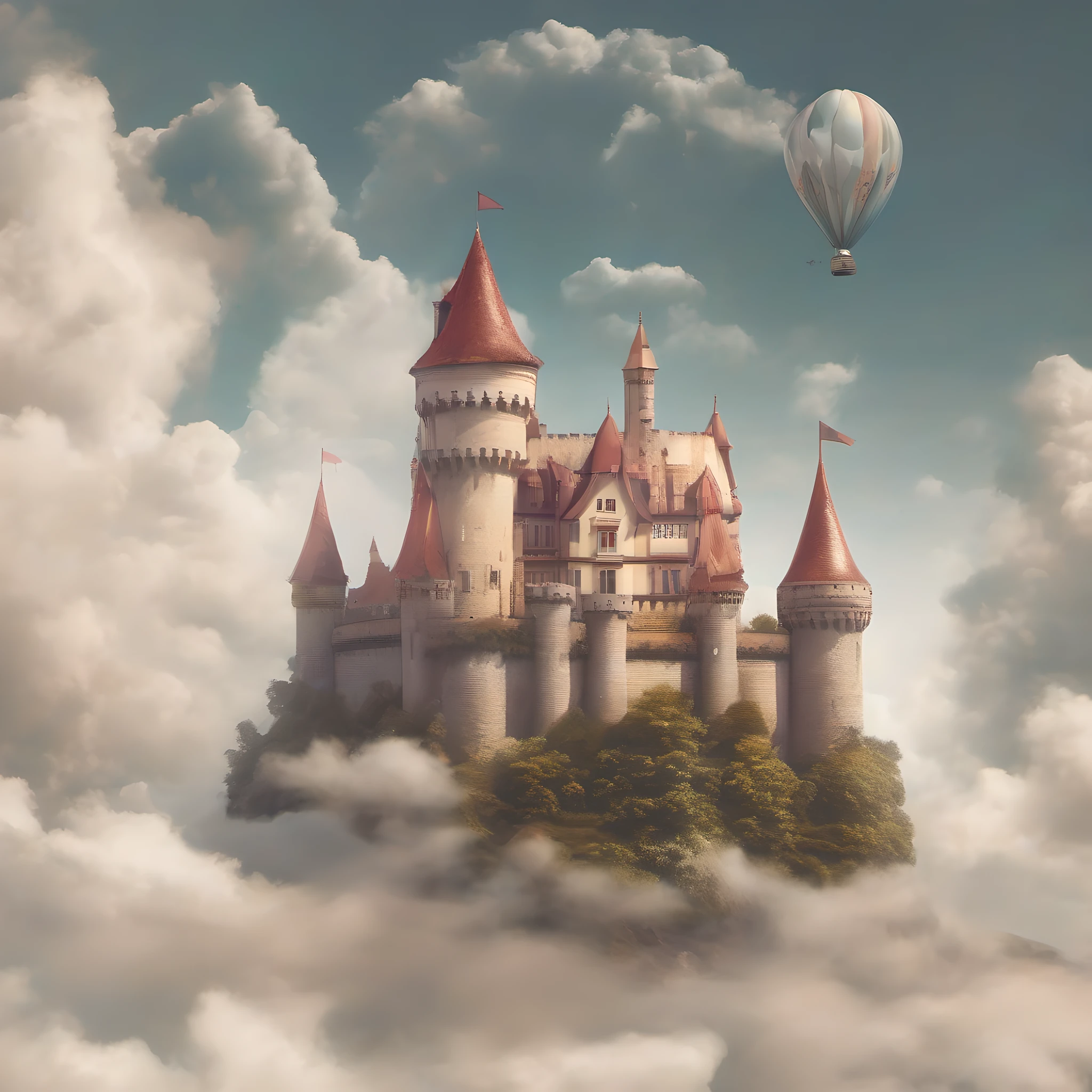 A beautiful girl dreams that she floats high in the clouds above her castle.