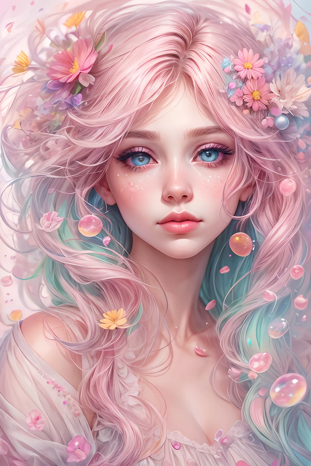 ((masterpiece)). This artwork is sweet, dreamy and ethereal, with soft pink watercolor hues and candy accents. Generate a delicate and demure English fae exploring a (bubblegum world with a wide variety of pastel shades). Her sweet face is extremely detailed and realistic with elegant features and a sweet and subtle expression. Include mature features, puffy lips, and stunning, highly realistic eyes. Her eyes are important and should be realistic, highly detailed, and beautiful. In high definition and detail, include lots of details like stars, galaxies, colorful bubbles, colorful petals, and lots of energy and emotion! The stars and colorful bubblegum bubbles are important! Include fantasy details, enhanced details, iridescence, colorful glittering wind, and pollen. Pay special attention to her face and make sure it is beautifully and realistically detailed. The image should be dreamy and ethereal.8k, intricate, elegant, highly detailed, majestic, digital photography