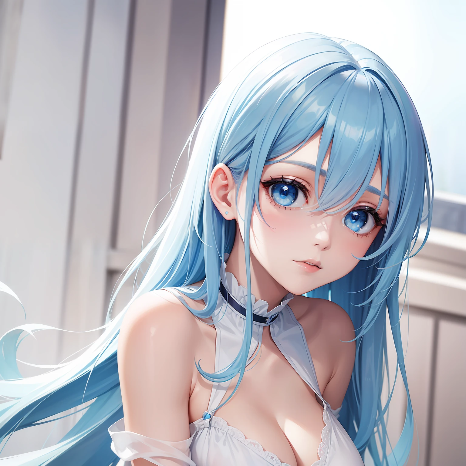 a women, blue hair, blue eyes, white dress