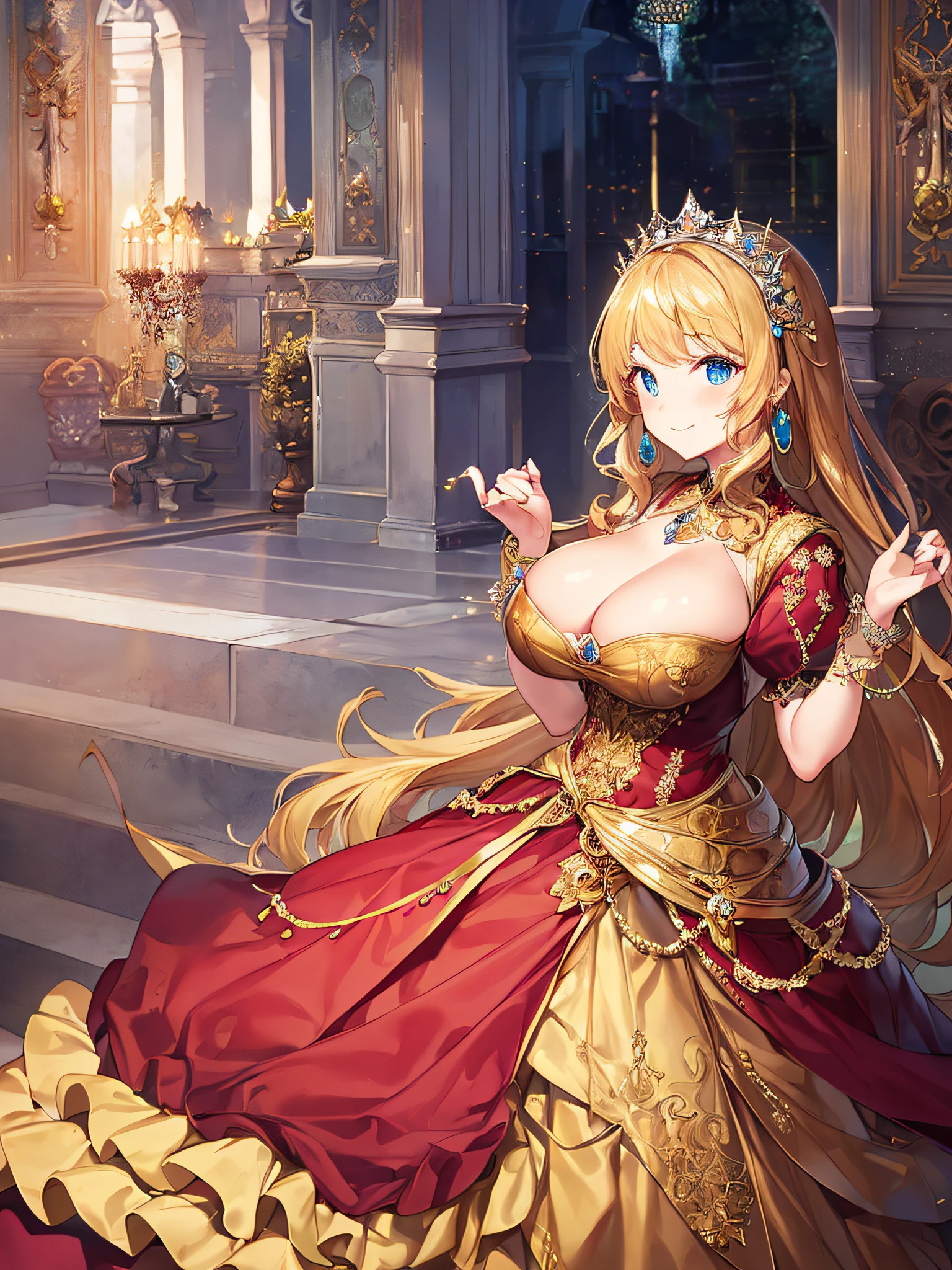((anime artstyle)),(Masterpiece),(Best Quality), (Super Detail),((Very Delicate and Beautiful)),((Solo)),((full body)),(((1 bling-bling princess in beautiful embroidery and jeweled gorgeous rococo ball gown with full length hoop skirt))),((bling-bling)),Long train,(bling-bling gorgeous gemstone jewelry),detailed face and eyes,jewel-like eyes,(seductive smile),((extremely voluminous Very Long Hair,Straight Hair)),gigantic tits,Long tits,cleavage,(gorgeousfull embroidery and lace),gorgeous corsage,See-through,extremely gorgeousfull hair ornament,bling-bling extremely gorgeousfull jeweled tiara,ornate ruffles,(hoop skirt,crinoline),Dynamic Angle,Looking at viewer,((beautiful embroidery and jeweled extremely gorgeous rococo ball gown with full length hoop skirt)),