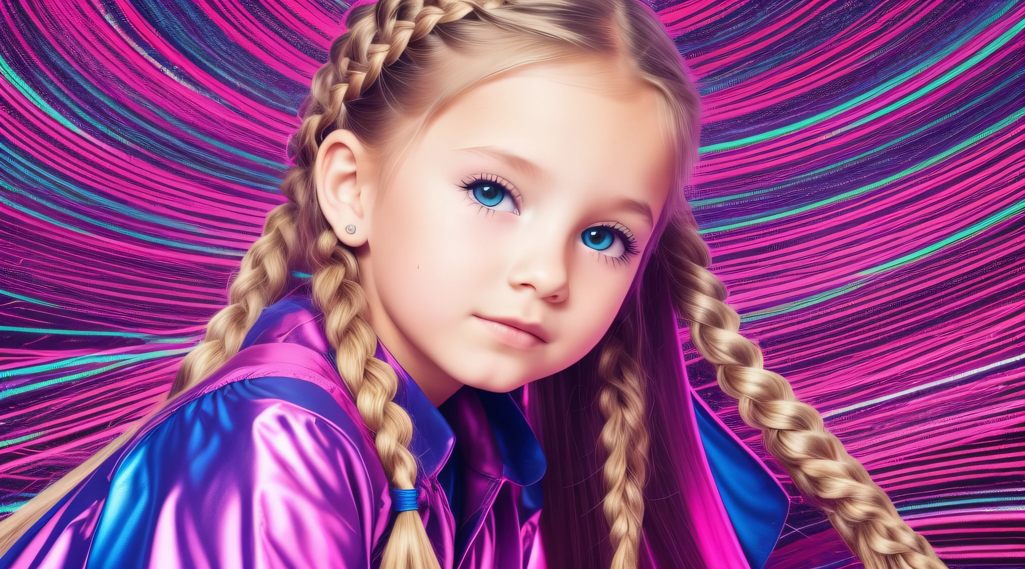girl CHILD , Russian blonde in braids, ROUPA DE DISCO, BOLA DE DISCOTHEQUE, LUZES DE DISCOTECA.