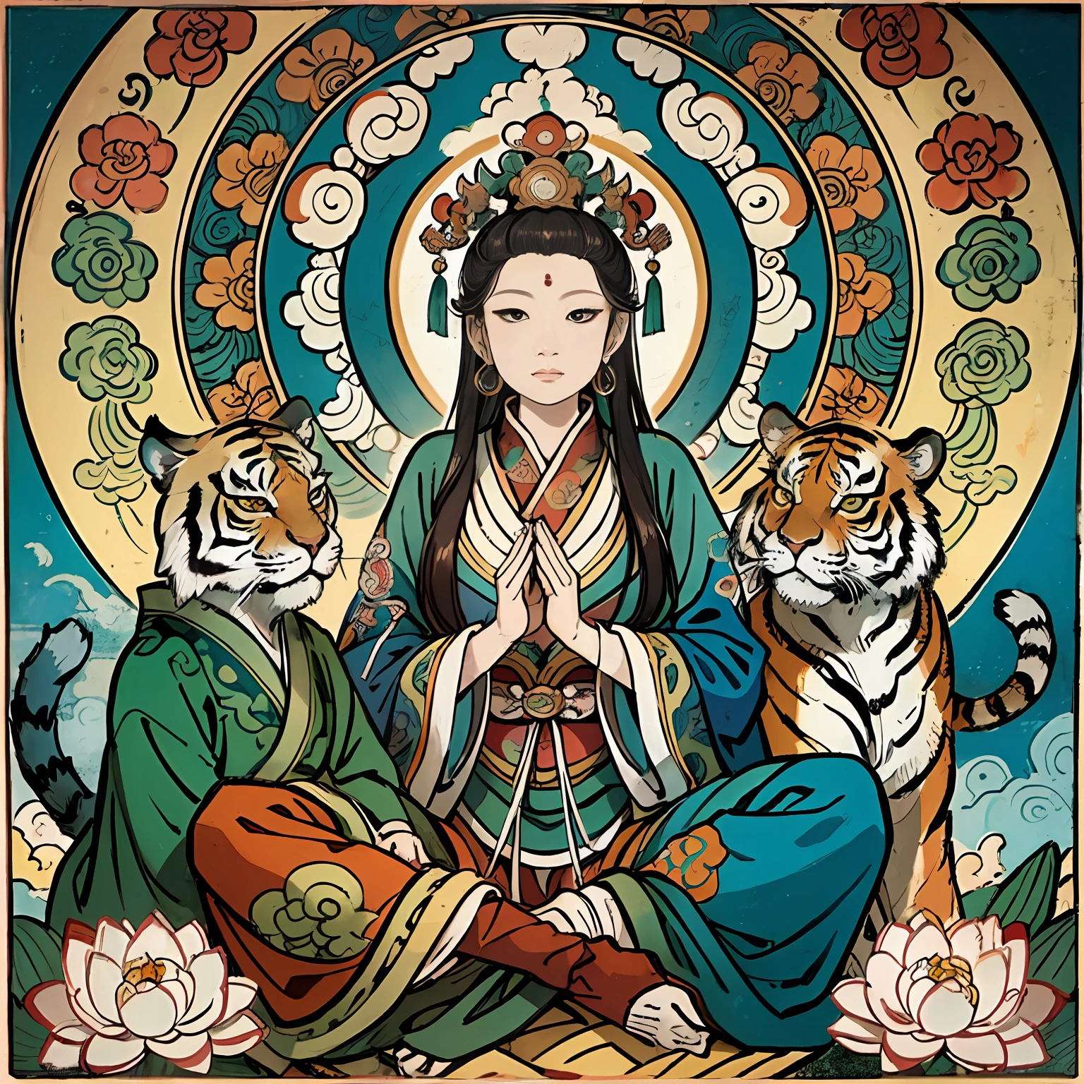 an ancient Chinese goddess, guanyin of the southern seas, Guanyin, Inspired by India, Avalokiteshvara rides a tiger,Serene expression,shui mo hua,Buddha,Buddhist,Lotus,Chinese painting style,Thangka style