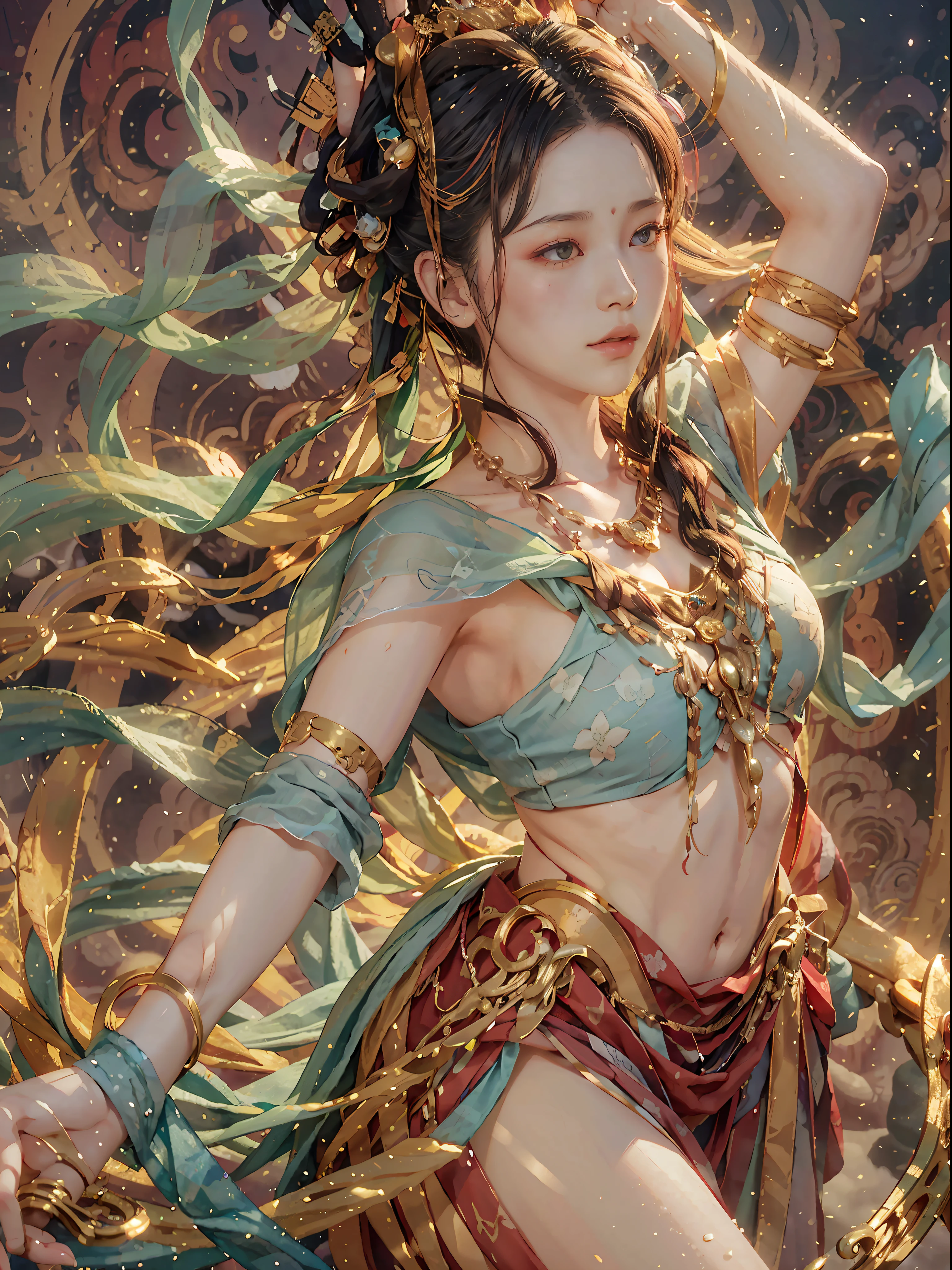 (8k, RAW photo, best quality, masterpiece:1.2), (realistic, photo photo-realistic:1.4), (very detailed CG Unity 8k wallpaper), (dunhuang_dress:1.2), (1 girl), (solo: 1.1), (full-body: 1.2), medium breasts, (long floating hair), jewelry in hair, very detailed, (dancing: 1.4), (floating ribbon: 1.6), wind, (style swirl magic: 1.1), (Rainbow Candy: 0.85), Chinese Landscape, Dreamy, Spectacular, (Fog: 1.4), Solo, Right Human Body, ((Right Hand Mechanism)), Clear Fingers, Five Fingers, Buddhist Totem Background, Mural, Mei Xuan Tu