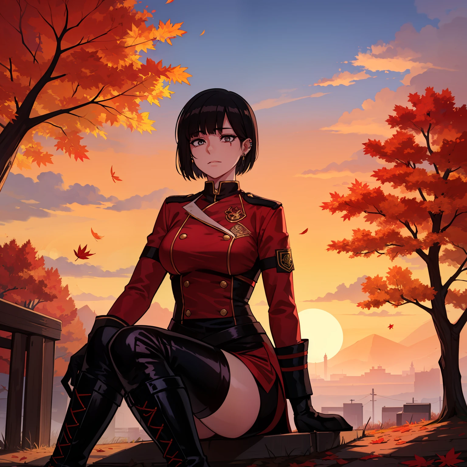 a 1girl, 独奏, Short Hair Hair, Long bangs, Black hair, gray eyes, black and red uniform, gloves, scars in the face, High boots, body piercings, autumn, Falling leaves, evening, Orange sky, clouds, Red Sun, The Perfect Picture.