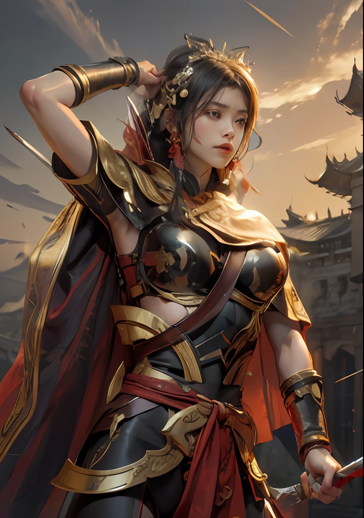(Positive focus),(in the darkness nigth:1),(best qualtiy),(Fidelity:1),realistic skin textures,highly detailed,8k wallpaper,Volumetriclighting,动态照明,one-girl,Red cape,red waistband,open waist,Open navel,,A small amount of armor,Shoulder blades,Waist Guard,Hand Guard,Wear a veil,Hold a short sword in front of you,Ancient Chinese wind,Escape action,Run,Run away,Be hunted down,Short sword at the waist,attack pose,blood stain,Broken clothes,Ancient Chinese Battlefield,A group of ancient soldiers chased and killed,Arrows fly,There is a lot of war,In the daytime,Under the sunlight,Dramatic composition,