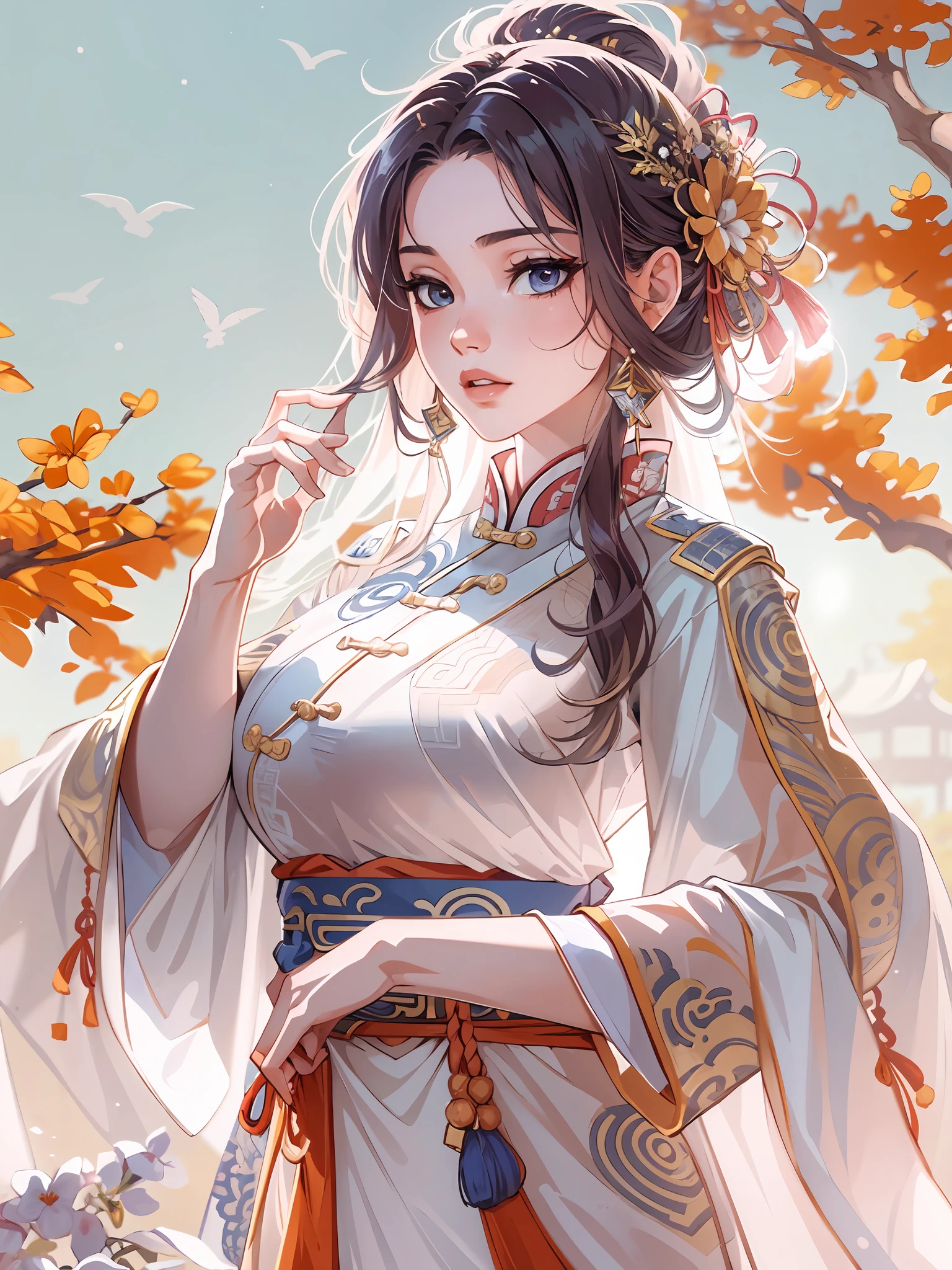 A girl, ancient Chinese costume, whole body, sunshine, clear face, clean white background, masterpiece, super detail, epic composition, ultra HD, high quality, extremely detailed, official art, uniform 8k wallpaper, super detail, 32k