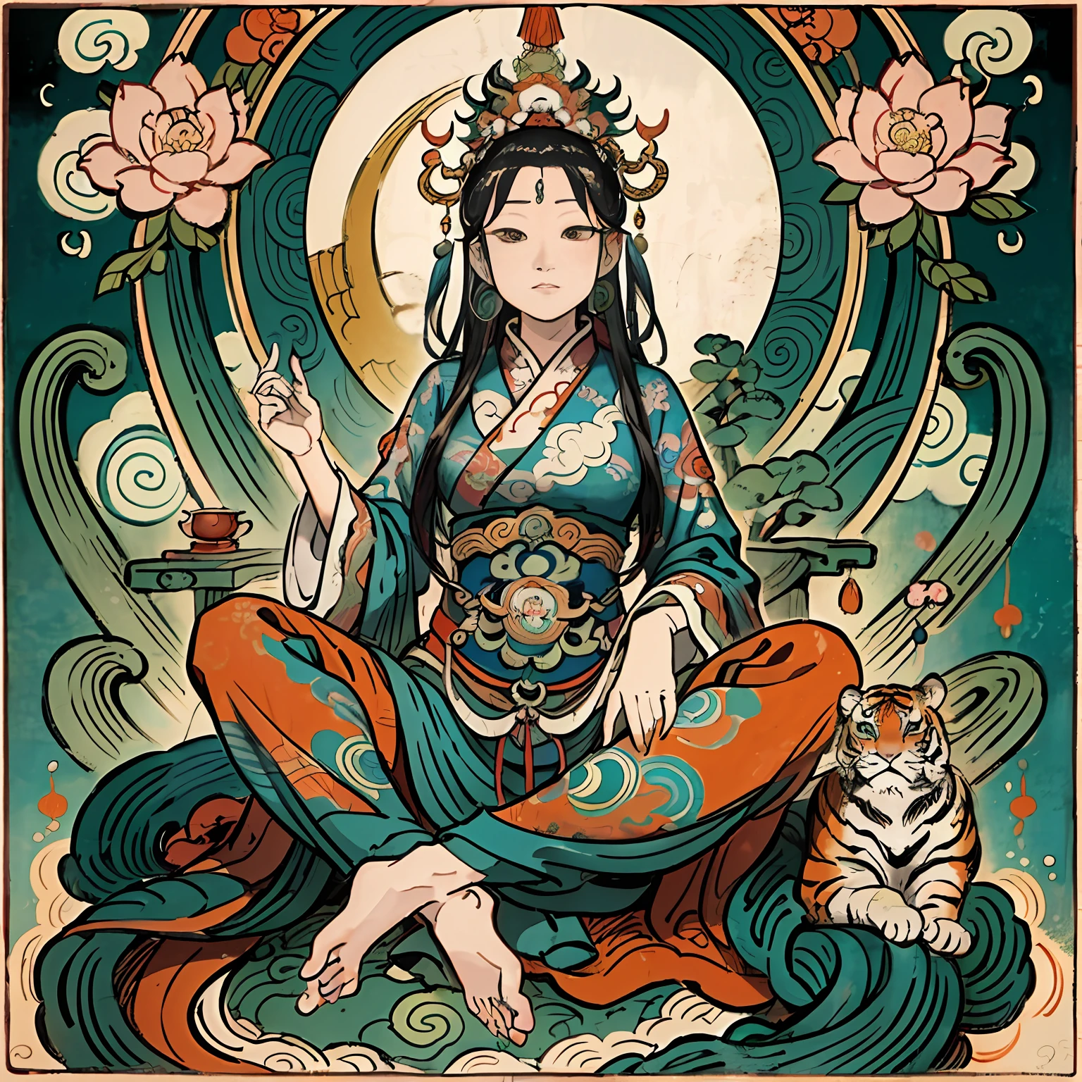 an ancient Chinese goddess, guanyin of the southern seas, Guanyin, Inspired by India, Avalokiteshvara rides a tiger,Serene expression,shui mo hua,Buddha,Buddhist,Lotus,Chinese painting style,Thangka style