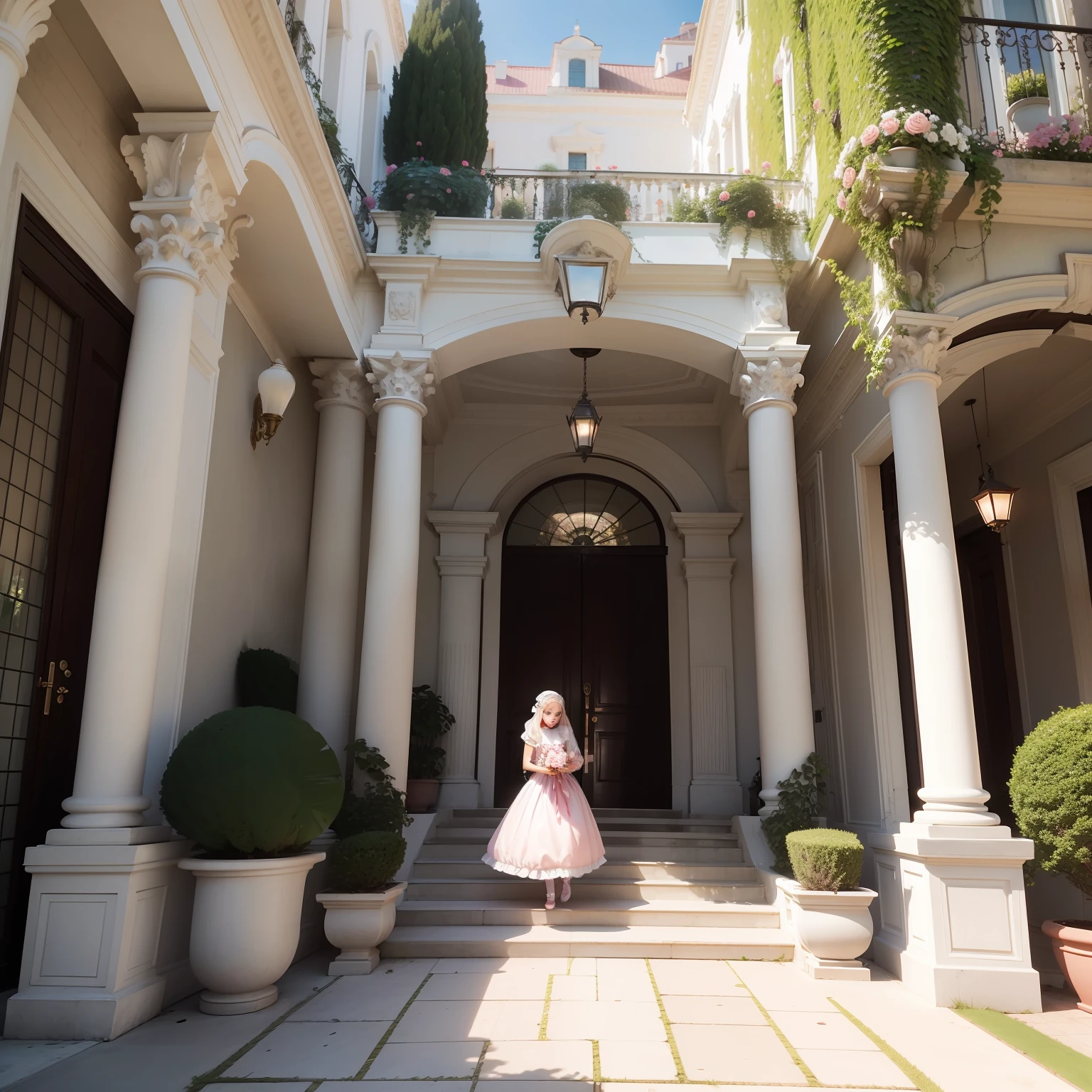 Photo realists of a mansion painted white and pink, with a balcony Fenfeitada with a vase of roses and a Maltese dog walking. The mansion was on a quiet street, surrounded by trees and flowers. The Maltese dog was small and white, with a pink bow around his neck. Ele passeava pela varanda, cheirando as rosas e abanando o rabo. The mansion was beautiful, and the Maltese dog made it even more special