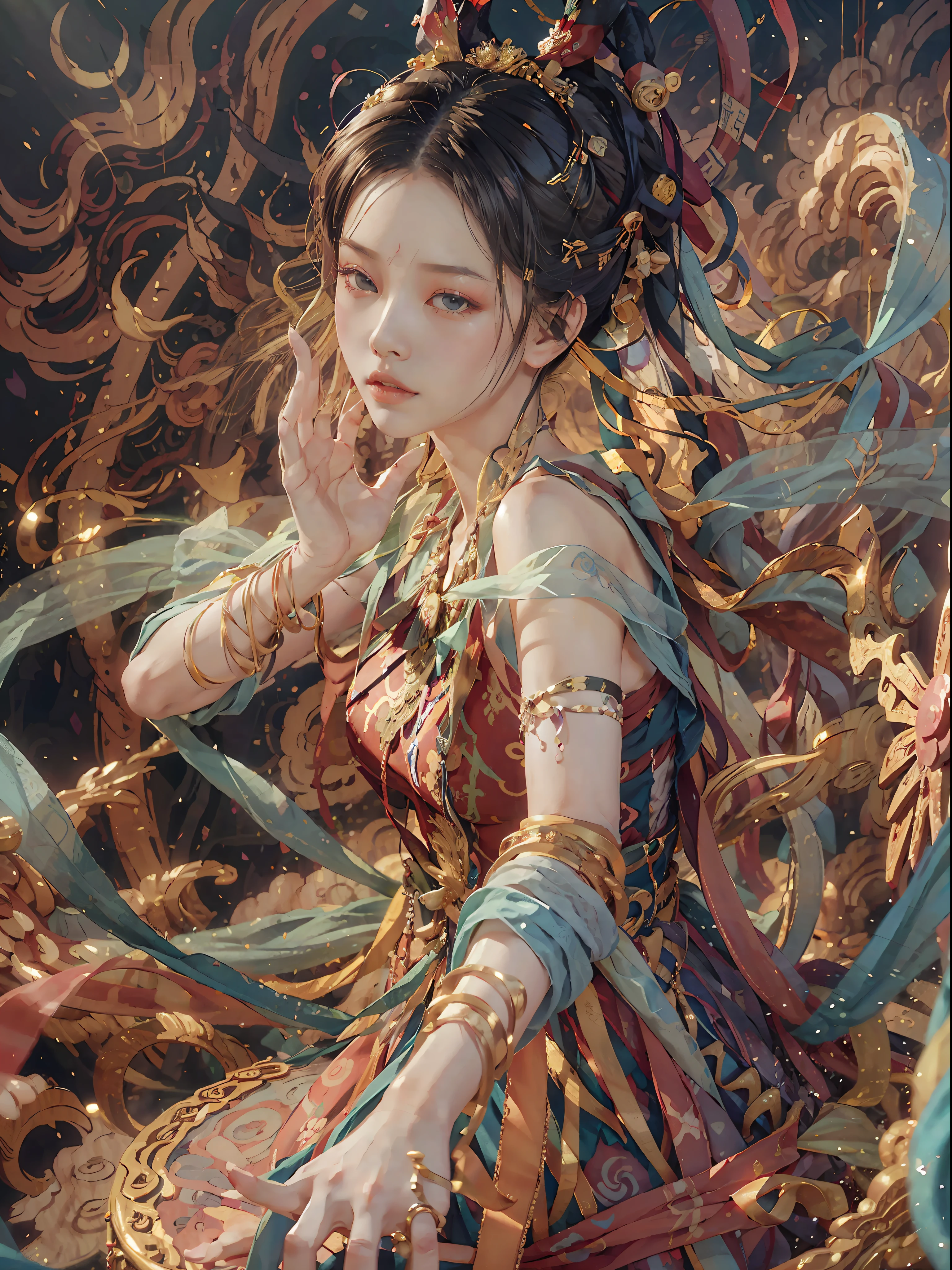 (8k, RAW photo, best quality, masterpiece:1.2), (realistic, photo photo-realistic:1.4), (very detailed CG Unity 8k wallpaper), (dunhuang_dress:1.2), (1 girl), (solo: 1.1), (full-body: 1.2), medium breasts, (long floating hair), jewelry in hair, very detailed, (dancing: 1.4), (floating ribbon: 1.6), wind, (style swirl magic: 1.1), (Rainbow Candy: 0.85), Chinese Landscape, Dreamy, Spectacular, (Fog: 1.4), Solo, Right Human Body, ((Right Hand Mechanism)), Clear Fingers, Five Fingers, Buddhist Totem Background, Mural, Mei Xuan Tu