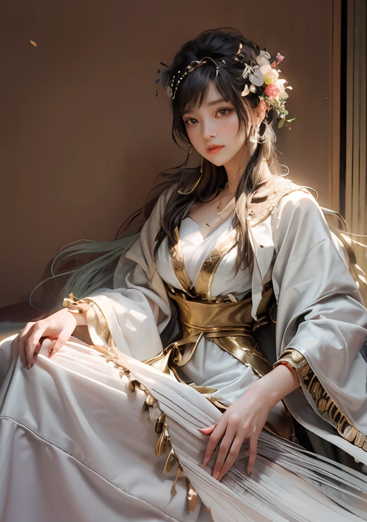 Art depicts a charming woman,Dressed in a flowing manner、Silky traditional oriental dress,white colors,Decorated with intricate patterns and bright colors。Her dress draped elegantly over her curvy figure,Highlights her seductive silhouette。She stood gracefully in the tranquil sunlight,Bask in soft sunlight。The scene exudes an ethereal and dreamy atmosphere,With a touch of mystery and sexiness。The image style incorporates watercolor and digital illustration techniques,It evokes a refined beauty and charm。The lights are filled with soft moonlight,casting soft highlights and shadows on her charming features。Bare thighs,Bigchest