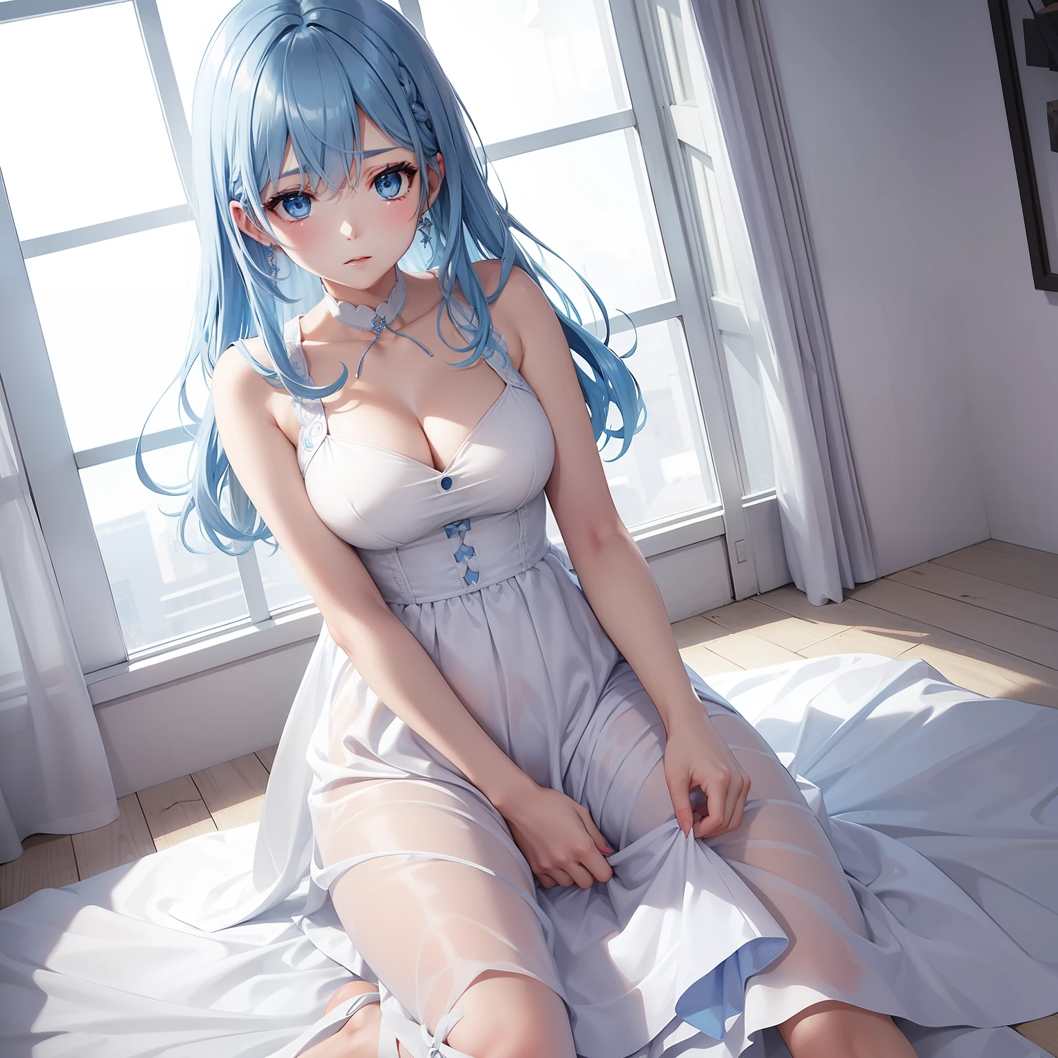 a women, blue hair, blue eyes, white dress