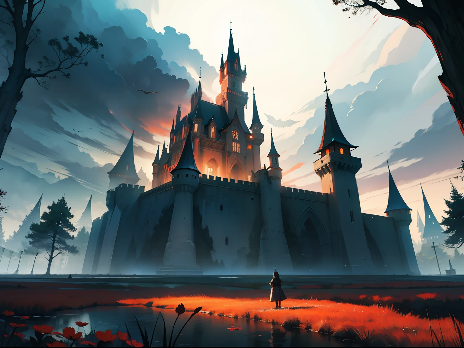 Floating magic, red, yellow and black, background quality, landscaped, trees, castle, haunting