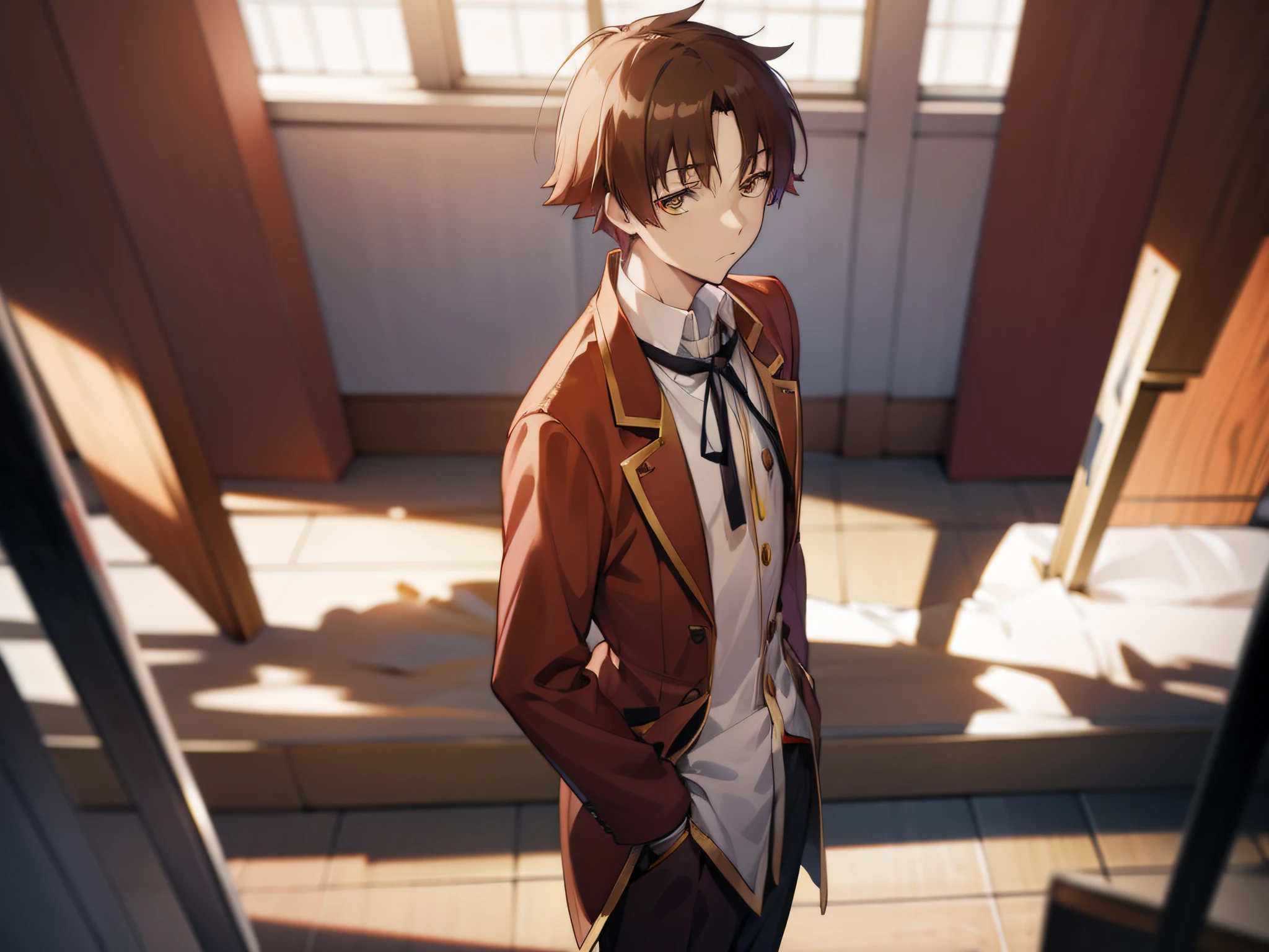 A anime men,（Ayanokoji Kiyotaka from "Classroom of the Elite"）Standing, looking at the camera，The expression is serious, throne scenery, hands in the pocket