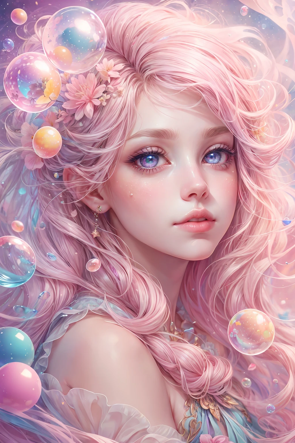 ((masterpiece)). This artwork is sweet, dreamy and ethereal, with soft pink watercolor hues and candy accents. Generate a delicate and demure English fae exploring a (bubblegum world with a wide variety of pastel shades). Her sweet face is extremely detailed and realistic with elegant features and a sweet and subtle expression. Include mature features, puffy lips, and stunning, highly realistic eyes. Her eyes are important and should be realistic, highly detailed, and beautiful. In high definition and detail, include lots of details like stars, galaxies, colorful bubbles, colorful petals, and lots of energy and emotion! The stars and colorful bubblegum bubbles are important! Include fantasy details, enhanced details, iridescence, colorful glittering wind, and pollen. Pay special attention to her face and make sure it is beautifully and realistically detailed. The image should be dreamy and ethereal.8k, intricate, elegant, highly detailed, majestic, digital photography