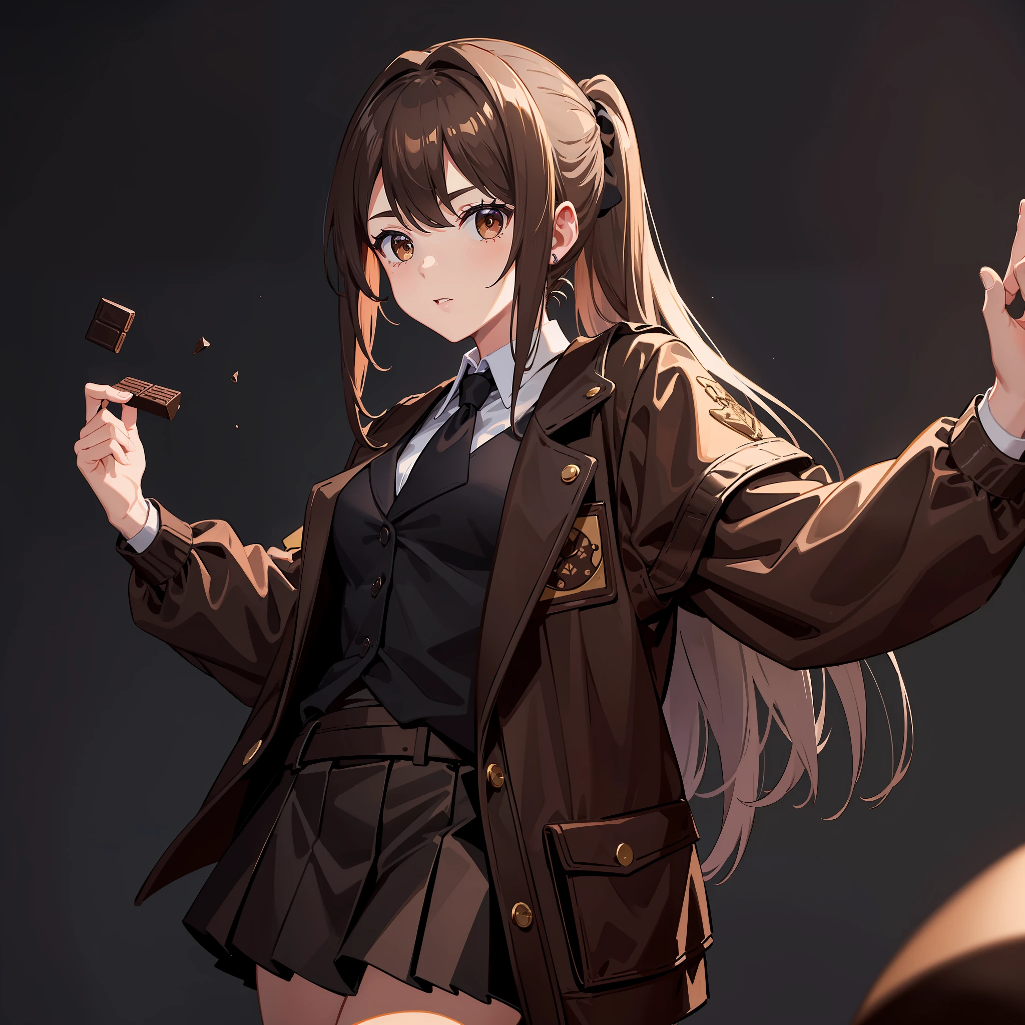 Masterpiece, Best quality, A high resolution, A high school girl wears a long ponytail,There are headbands,Chocolate colored hair,Wearing a black vest,Brown coat,Short brown skirt,The background is the wilderness